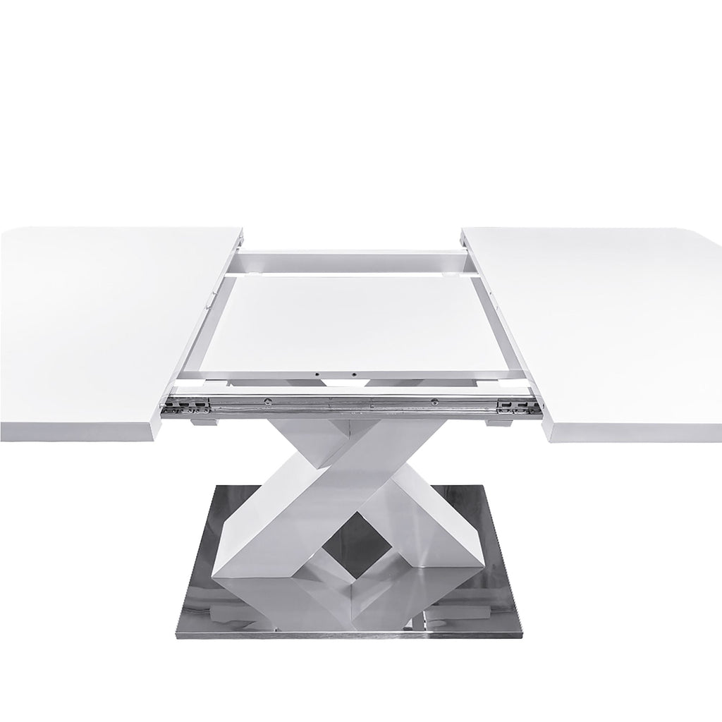 Modern Square Dining Table, Stretchable, White Table Top+MDF X - Shape Table Leg with Metal Base - Comfortable Living Decor