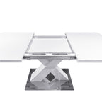 Modern Square Dining Table, Stretchable, White Table Top+MDF X - Shape Table Leg with Metal Base - Comfortable Living Decor