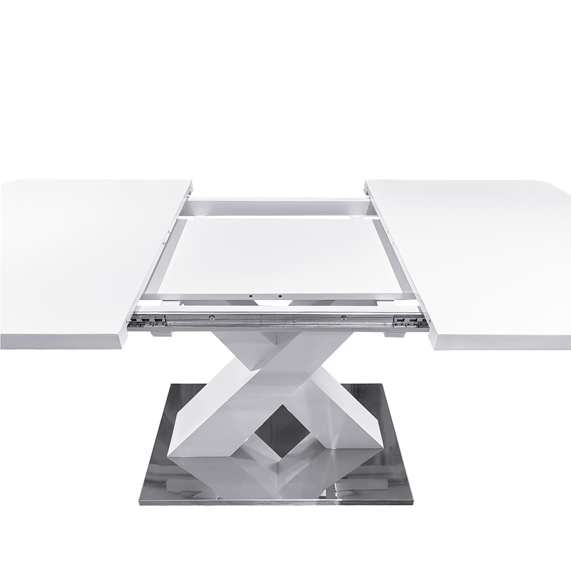 Modern Square Dining Table, Stretchable, White Table Top+MDF X - Shape Table Leg with Metal Base - Comfortable Living Decor