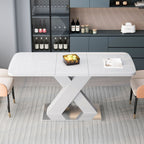 Modern Square Dining Table, Stretchable, White Table Top+MDF X - Shape Table Leg with Metal Base - Comfortable Living Decor