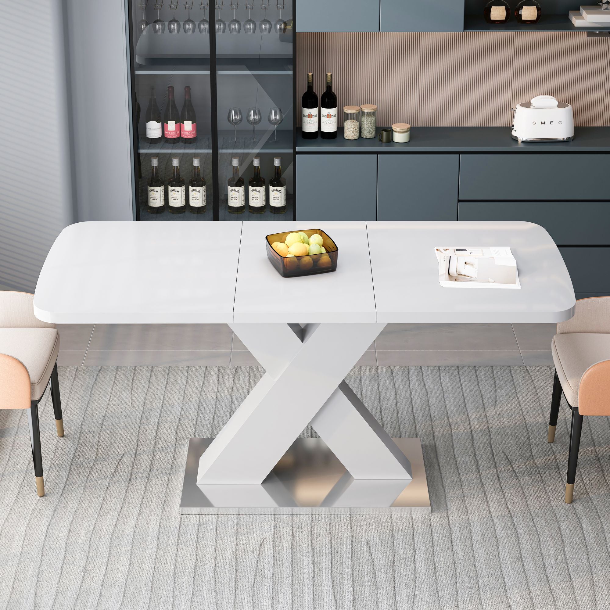 Modern Square Dining Table, Stretchable, White Table Top+MDF X - Shape Table Leg with Metal Base - Comfortable Living Decor