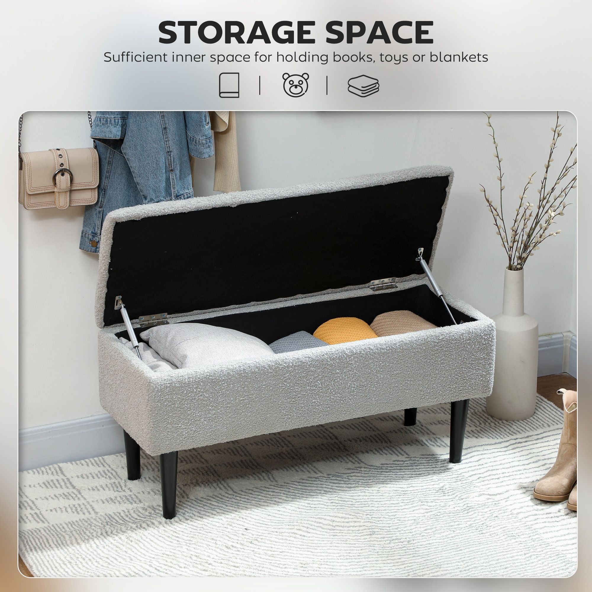 Modern Storage Bench, Ottoman with Storage and Lamb's Wool Upholstery for Living & Bedroom - Comfortable Living Decor
