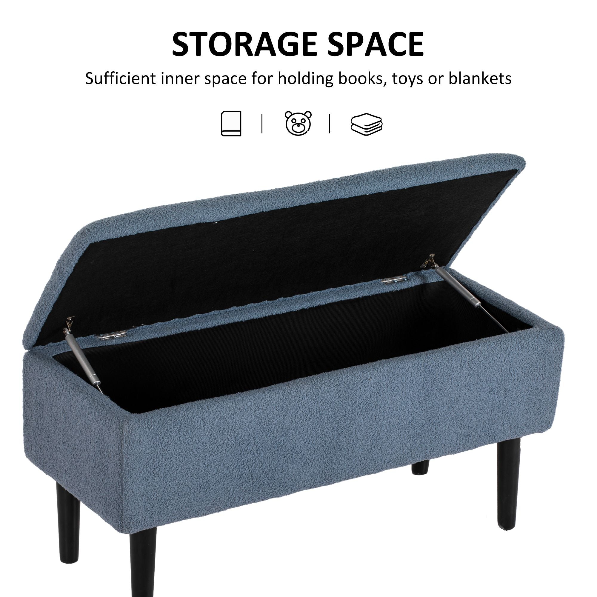 Modern Storage Bench, Ottoman with Storage and Teddy Velvet Upholstery for Living Room, Bedroom, Blue - Comfortable Living Decor