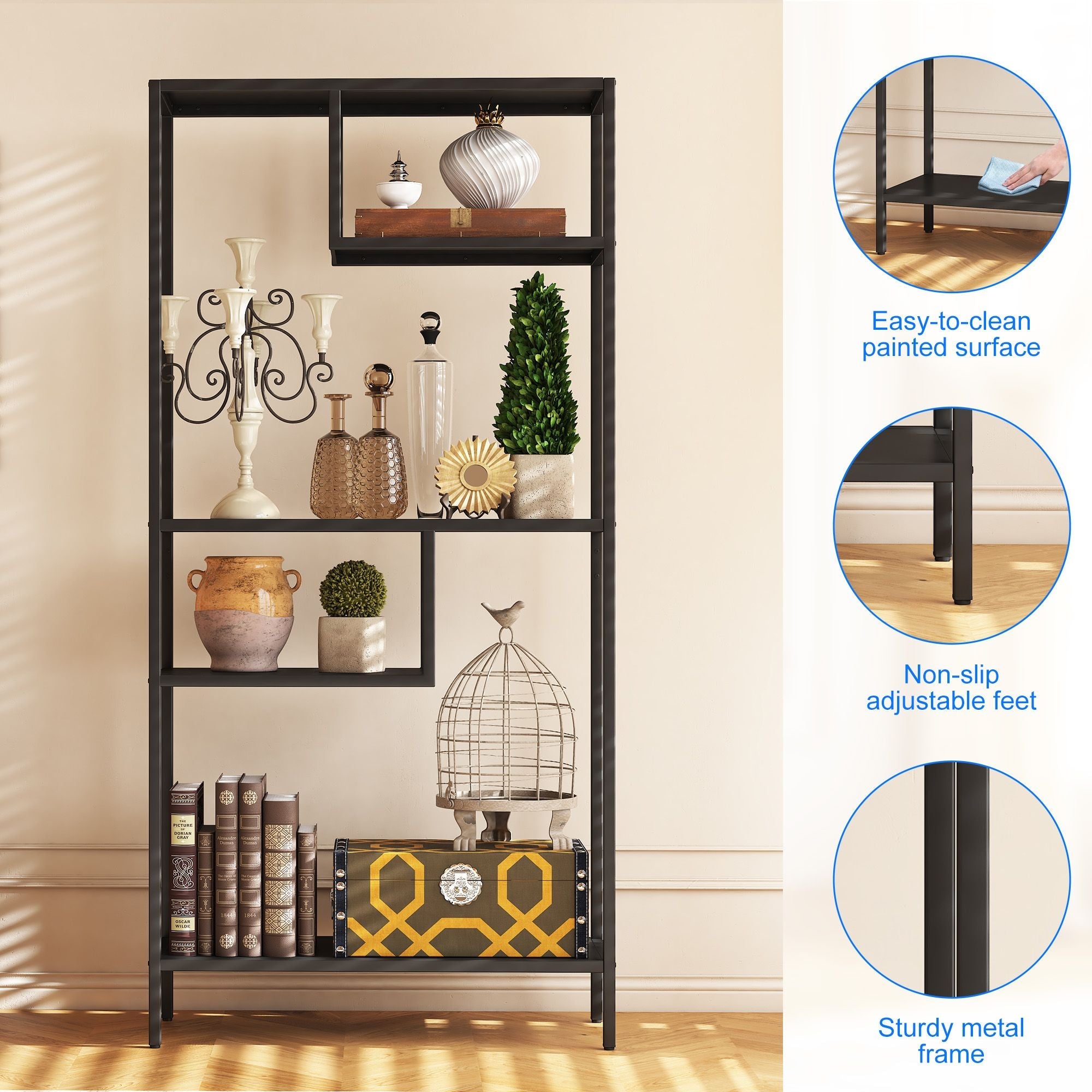Modern Storage Shelf with 4 Compartments & Metal Legs, Freestanding Organizer,Book Shelves Display Shelves for Living Room, Bedroom, Home Office - Comfortable Living Decor