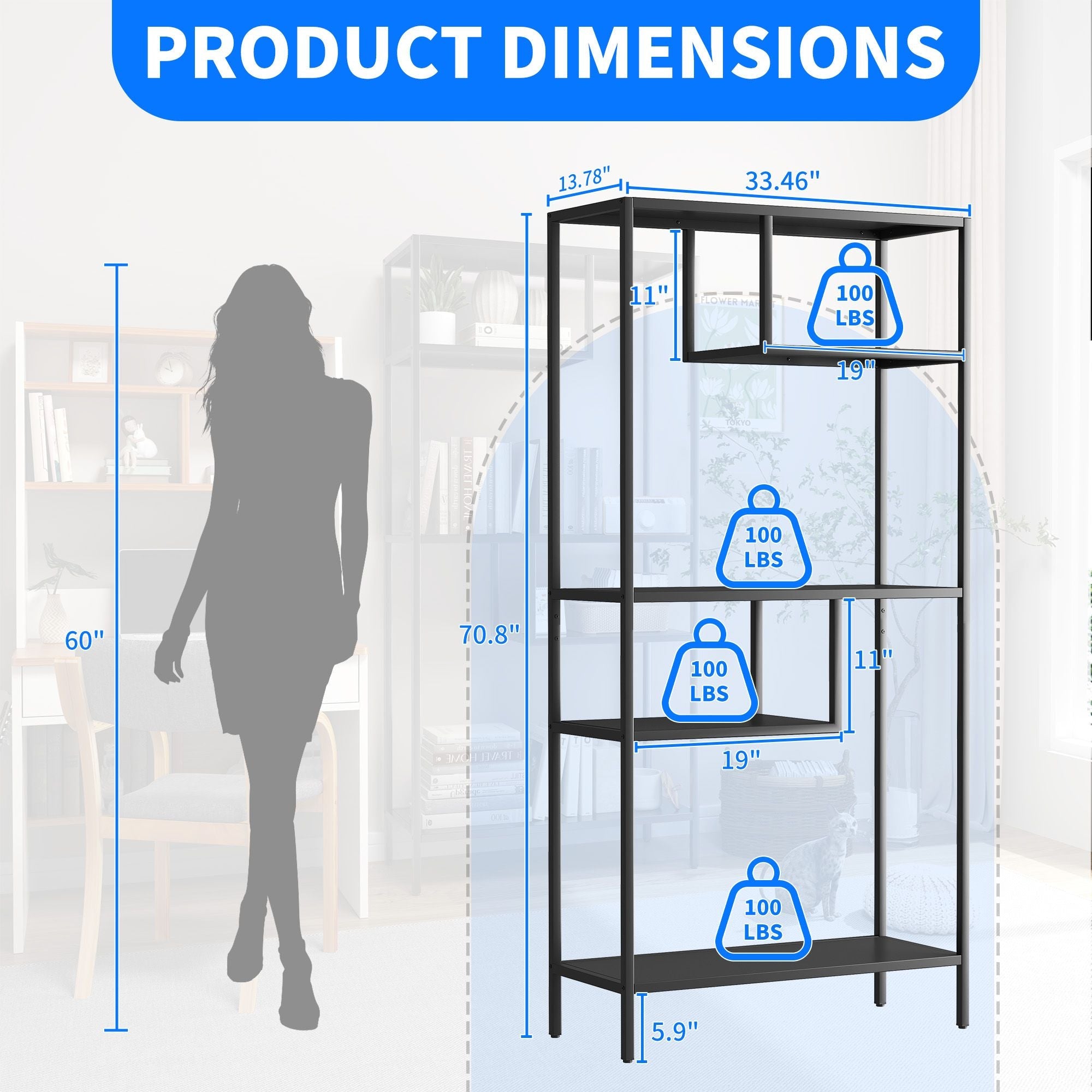 Modern Storage Shelf with 4 Compartments & Metal Legs, Freestanding Organizer,Book Shelves Display Shelves for Living Room, Bedroom, Home Office - Comfortable Living Decor