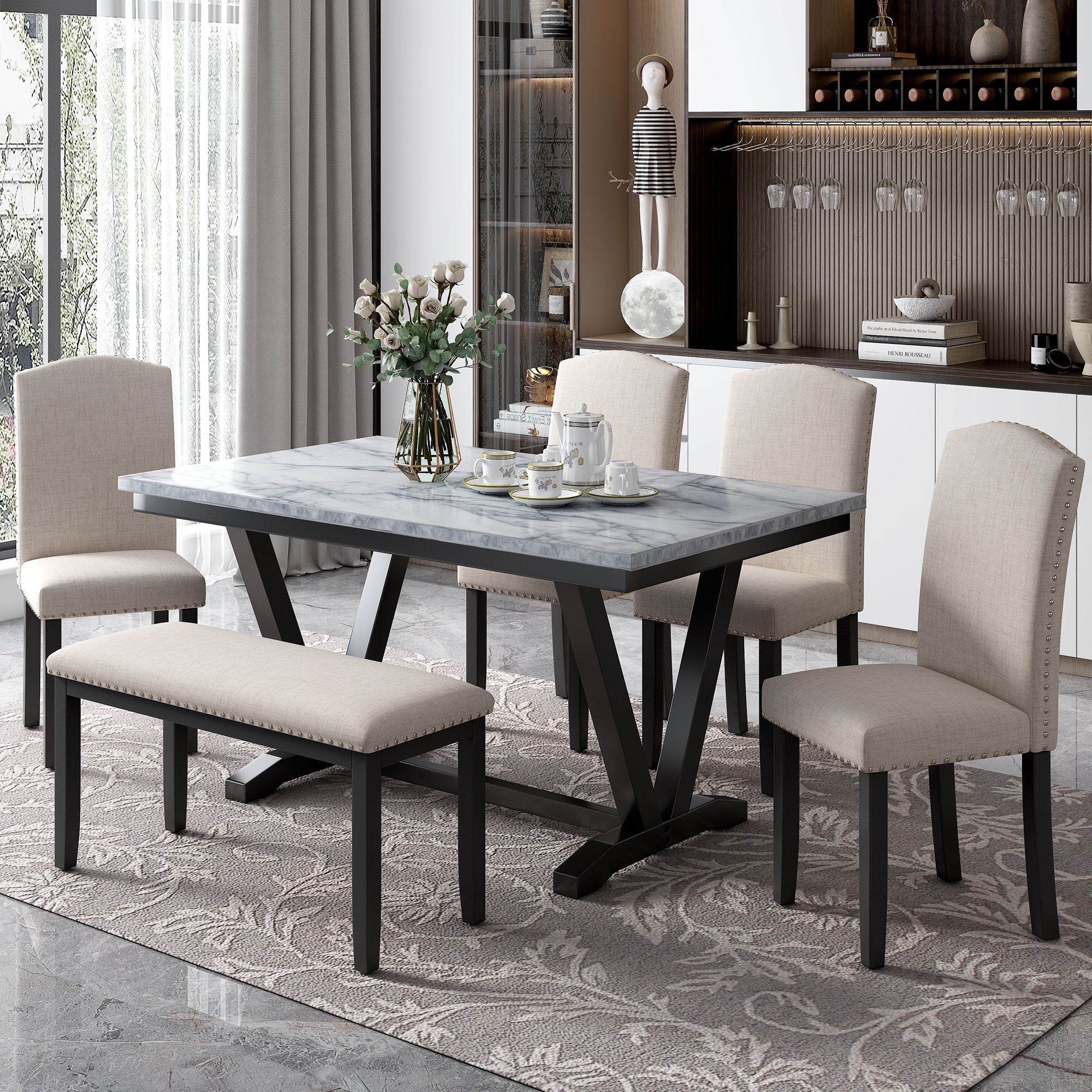 Modern Style 6 - piece Dining Table with 4 Chairs & 1 Bench, Table with Marbled Veneers Tabletop and V - shaped Table Legs - Comfortable Living Decor