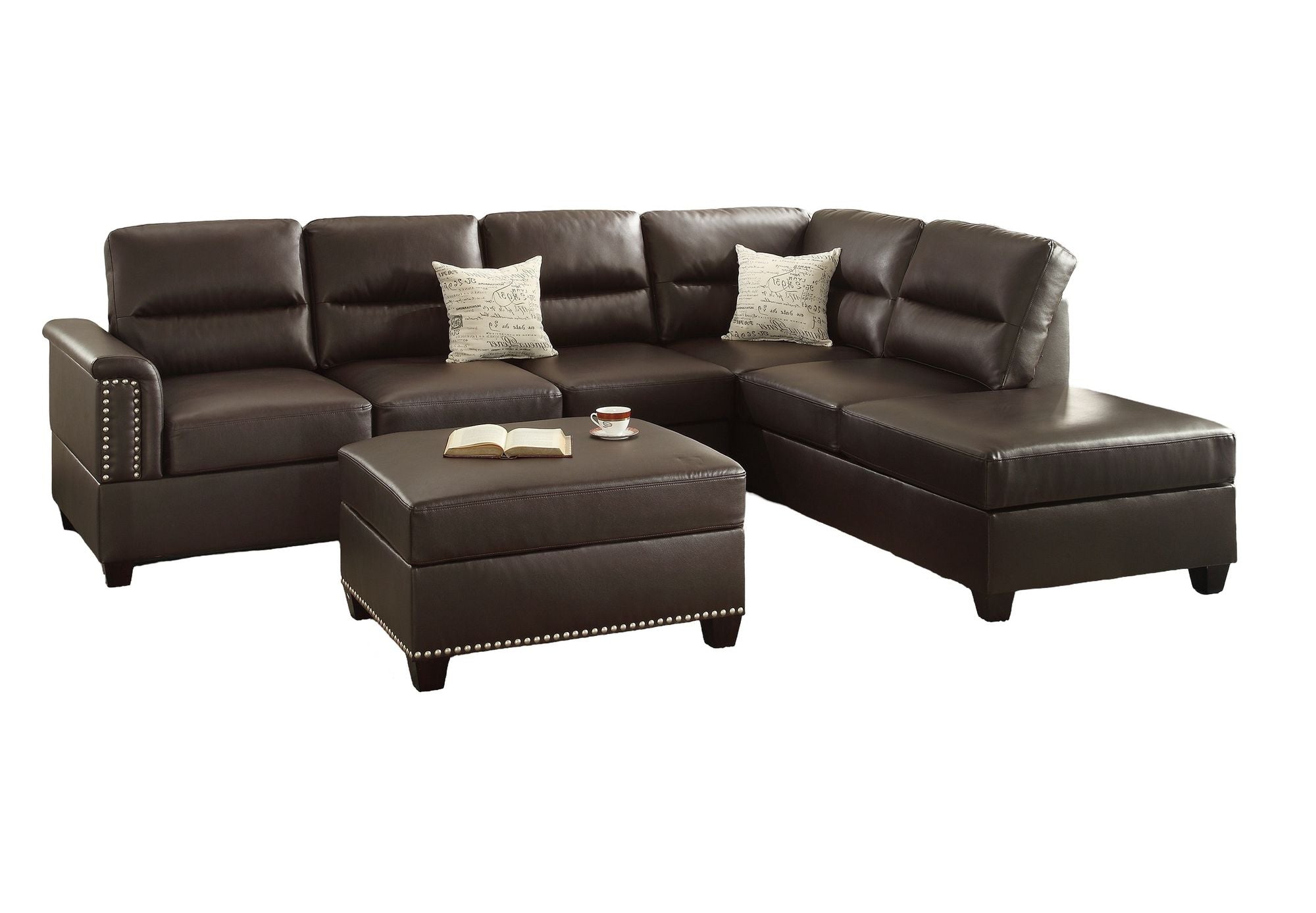 New Contemporary 3 - PCS Reversible Sectional Set Living Room Furniture Espresso Faux Leather Couch Sofa Chaise Ottoman - Comfortable Living Decor