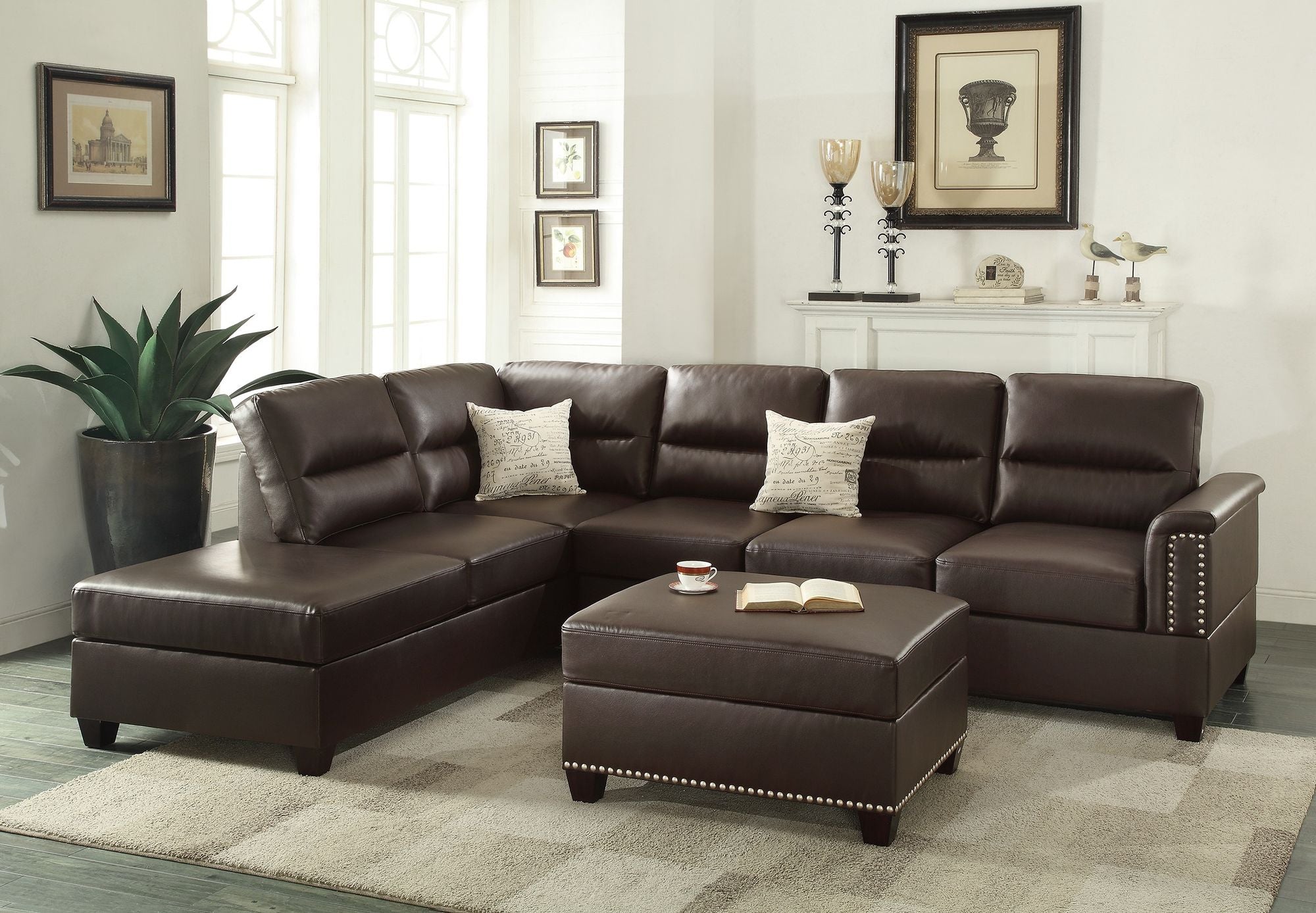 New Contemporary 3 - PCS Reversible Sectional Set Living Room Furniture Espresso Faux Leather Couch Sofa Chaise Ottoman - Comfortable Living Decor