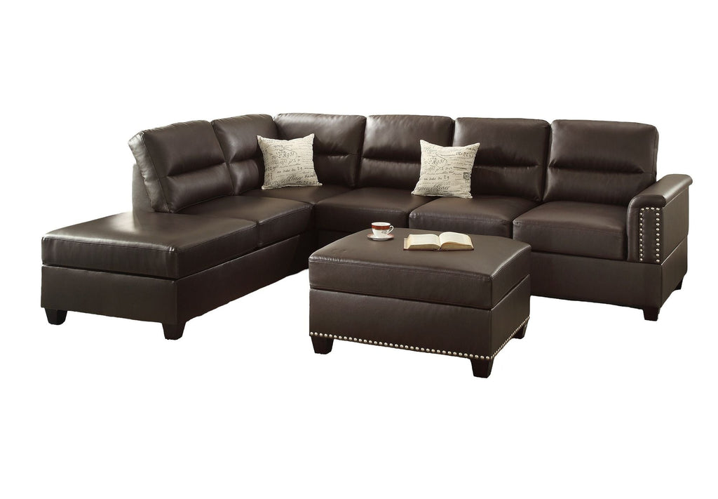 New Contemporary 3 - PCS Reversible Sectional Set Living Room Furniture Espresso Faux Leather Couch Sofa Chaise Ottoman - Comfortable Living Decor