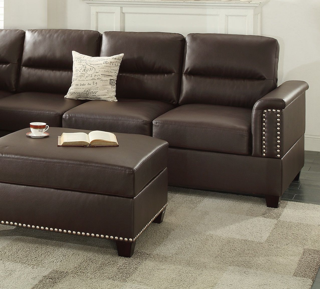 New Contemporary 3 - PCS Reversible Sectional Set Living Room Furniture Espresso Faux Leather Couch Sofa Chaise Ottoman - Comfortable Living Decor