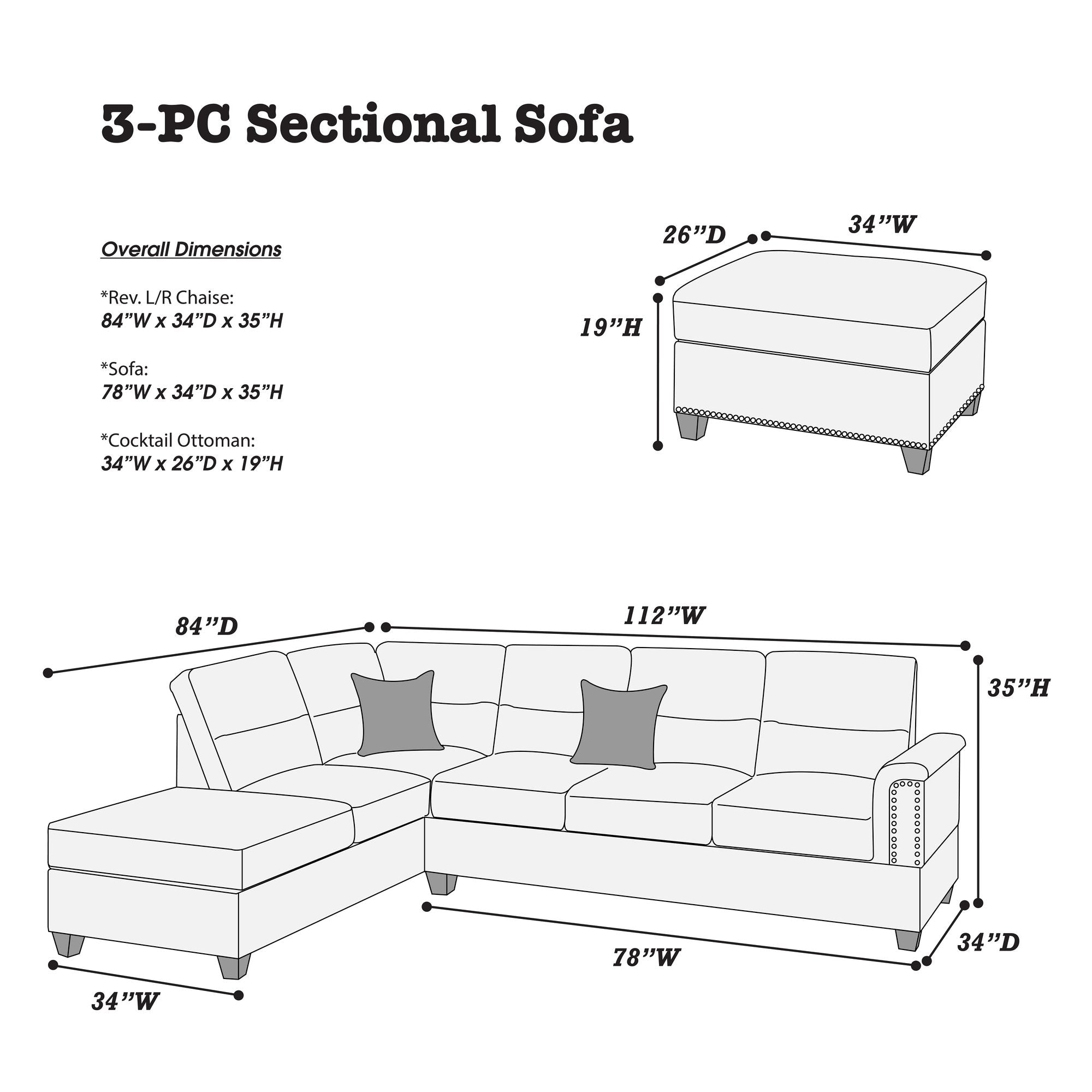 New Contemporary 3 - PCS Reversible Sectional Set Living Room Furniture Espresso Faux Leather Couch Sofa Chaise Ottoman - Comfortable Living Decor