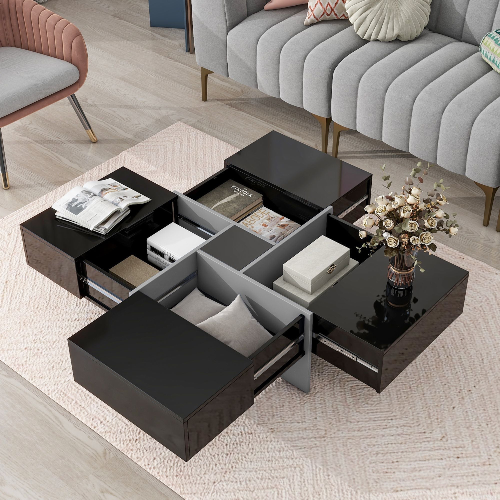 On - Trend Cocktail Table with 4 Storage Compartments by Yeah Depot - Comfortable Living Decor