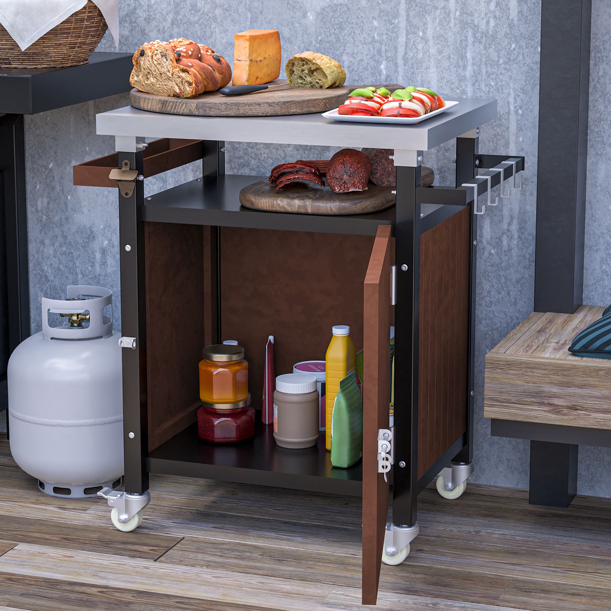 Outdoor Grill Cart with Stainless Steel Tabletop, Storage, Patio Kitchen Island with Wheels, Hooks, and Spice Rack, Waterproof Outdoor Grill Table, Movable BBQ Serving Cart Rolling Bar Cart - Comfortable Living Decor