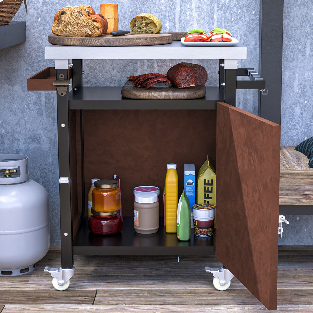 Outdoor Grill Cart with Stainless Steel Tabletop, Storage, Patio Kitchen Island with Wheels, Hooks, and Spice Rack, Waterproof Outdoor Grill Table, Movable BBQ Serving Cart Rolling Bar Cart - Comfortable Living Decor