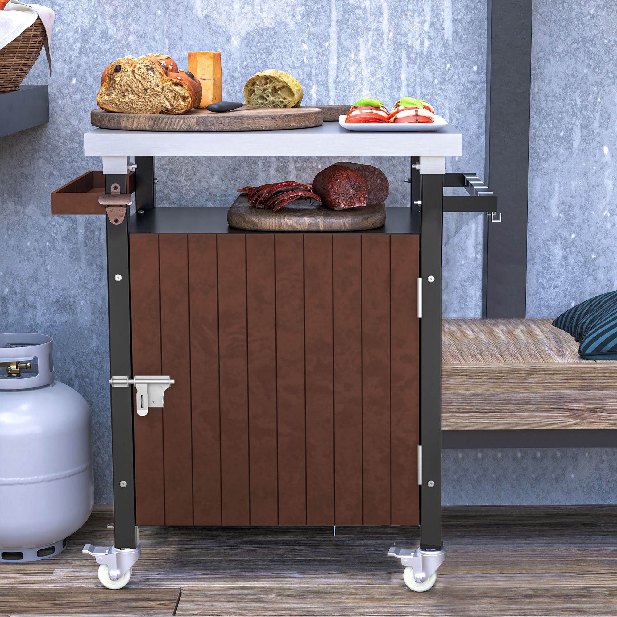 Outdoor Grill Cart with Stainless Steel Tabletop, Storage, Patio Kitchen Island with Wheels, Hooks, and Spice Rack, Waterproof Outdoor Grill Table, Movable BBQ Serving Cart Rolling Bar Cart - Comfortable Living Decor