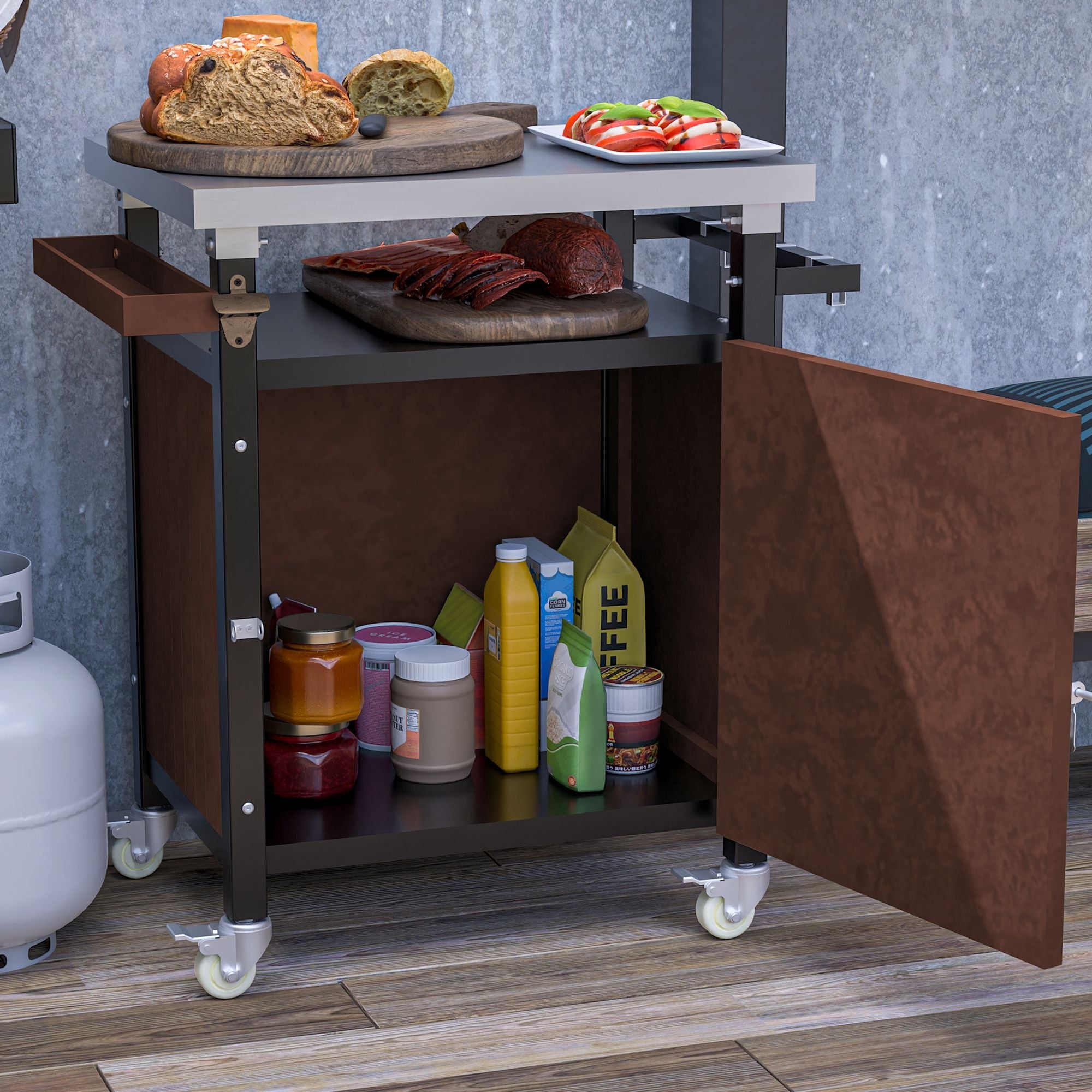 Outdoor Grill Cart with Stainless Steel Tabletop, Storage, Patio Kitchen Island with Wheels, Hooks, and Spice Rack, Waterproof Outdoor Grill Table, Movable BBQ Serving Cart Rolling Bar Cart - Comfortable Living Decor