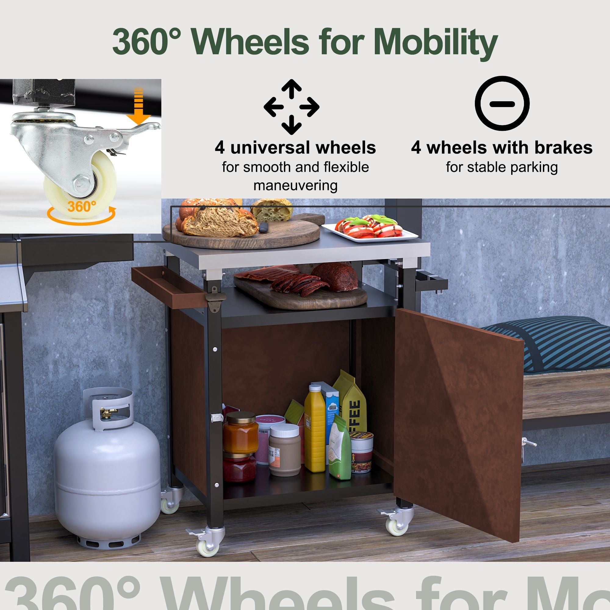Outdoor Grill Cart with Stainless Steel Tabletop, Storage, Patio Kitchen Island with Wheels, Hooks, and Spice Rack, Waterproof Outdoor Grill Table, Movable BBQ Serving Cart Rolling Bar Cart - Comfortable Living Decor