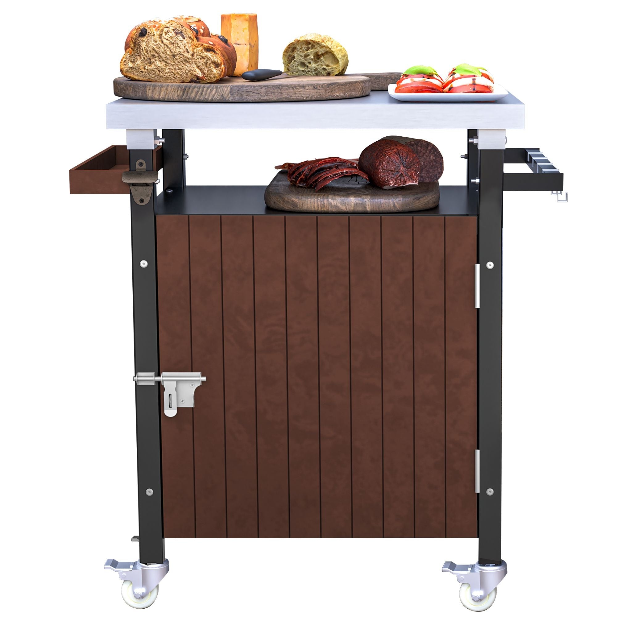 Outdoor Grill Cart with Stainless Steel Tabletop, Storage, Patio Kitchen Island with Wheels, Hooks, and Spice Rack, Waterproof Outdoor Grill Table, Movable BBQ Serving Cart Rolling Bar Cart - Comfortable Living Decor