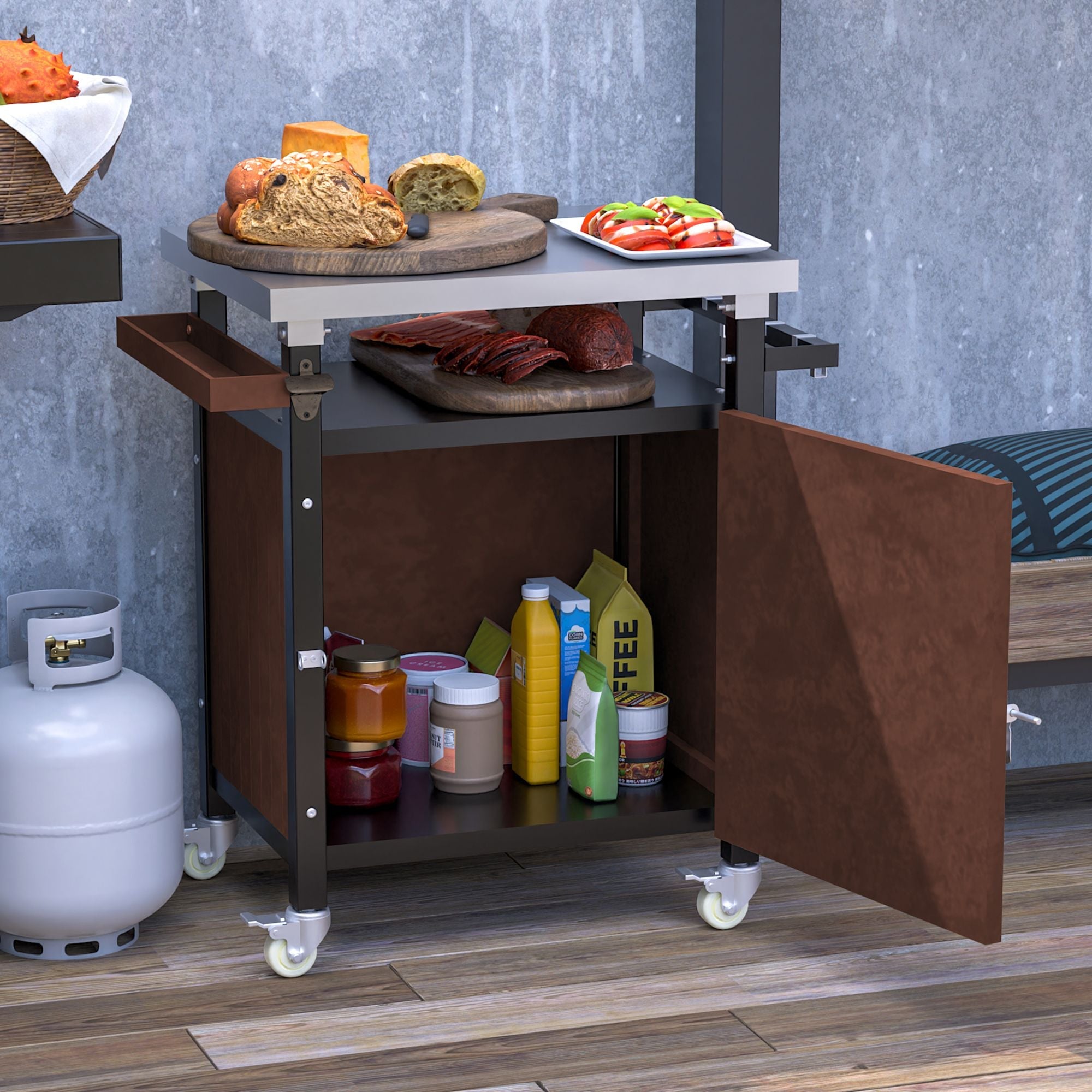 Outdoor Grill Cart with Stainless Steel Tabletop, Storage, Patio Kitchen Island with Wheels, Hooks, and Spice Rack, Waterproof Outdoor Grill Table, Movable BBQ Serving Cart Rolling Bar Cart - Comfortable Living Decor