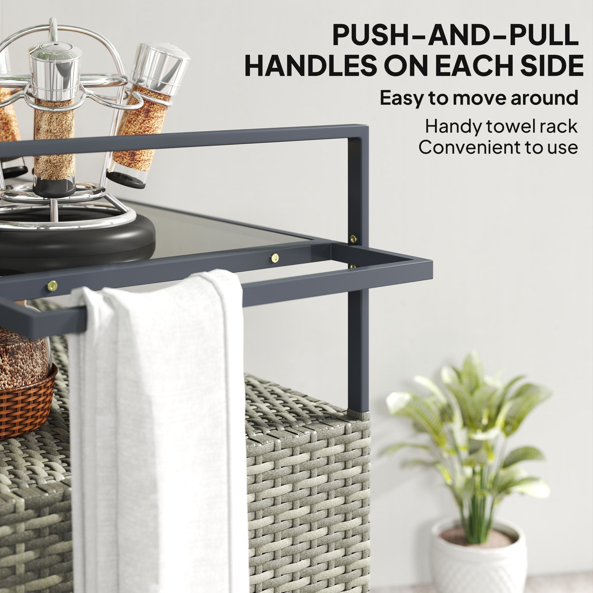 Outsunny 2 - Tier Shelf PE Rattan Outdoor Bar Table, Glass Top Outdoor Serving Cart with Cabinet, Mixed Gray - Comfortable Living Decor