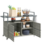 Outsunny 2 - Tier Shelf PE Rattan Outdoor Bar Table, Glass Top Outdoor Serving Cart with Cabinet, Mixed Gray - Comfortable Living Decor