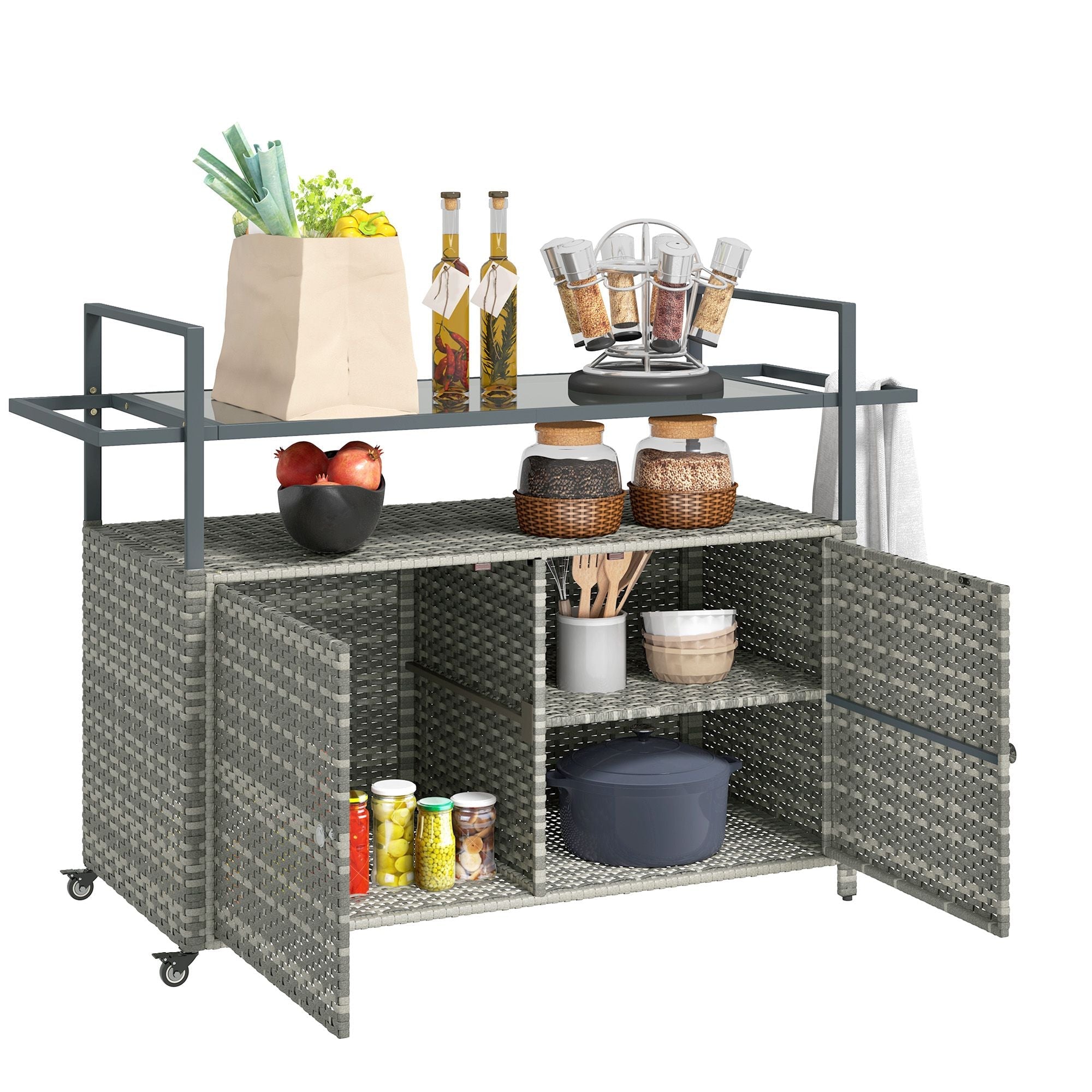 Outsunny 2 - Tier Shelf PE Rattan Outdoor Bar Table, Glass Top Outdoor Serving Cart with Cabinet, Mixed Gray - Comfortable Living Decor