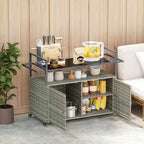 Outsunny 2 - Tier Shelf PE Rattan Outdoor Bar Table, Glass Top Outdoor Serving Cart with Cabinet, Mixed Gray - Comfortable Living Decor