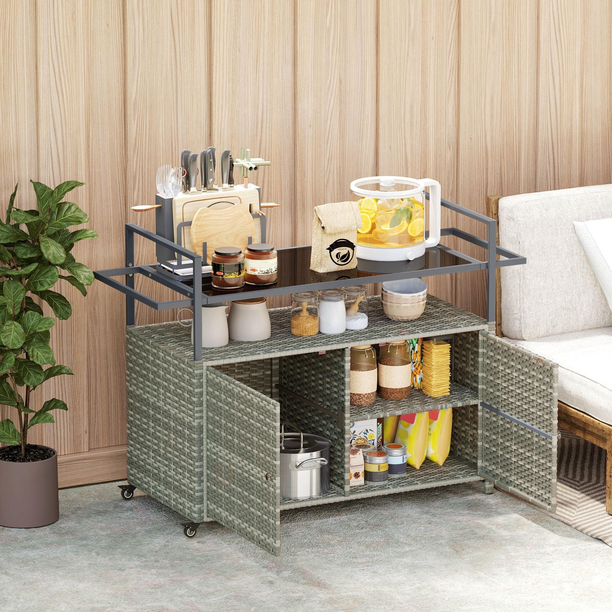 Outsunny 2 - Tier Shelf PE Rattan Outdoor Bar Table, Glass Top Outdoor Serving Cart with Cabinet, Mixed Gray - Comfortable Living Decor