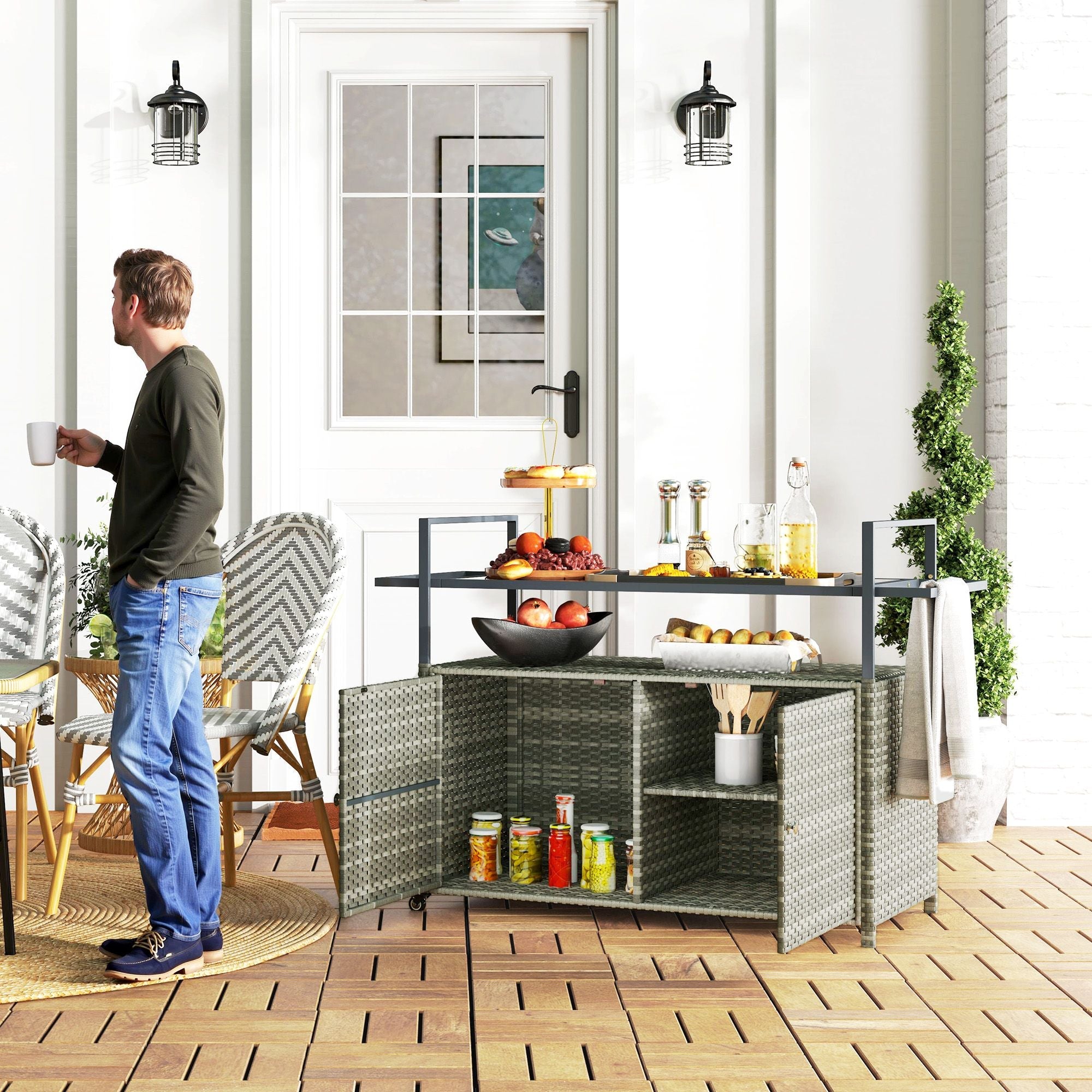 Outsunny 2 - Tier Shelf PE Rattan Outdoor Bar Table, Glass Top Outdoor Serving Cart with Cabinet, Mixed Gray - Comfortable Living Decor