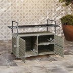 Outsunny 2 - Tier Shelf PE Rattan Outdoor Bar Table, Glass Top Outdoor Serving Cart with Cabinet, Mixed Gray - Comfortable Living Decor