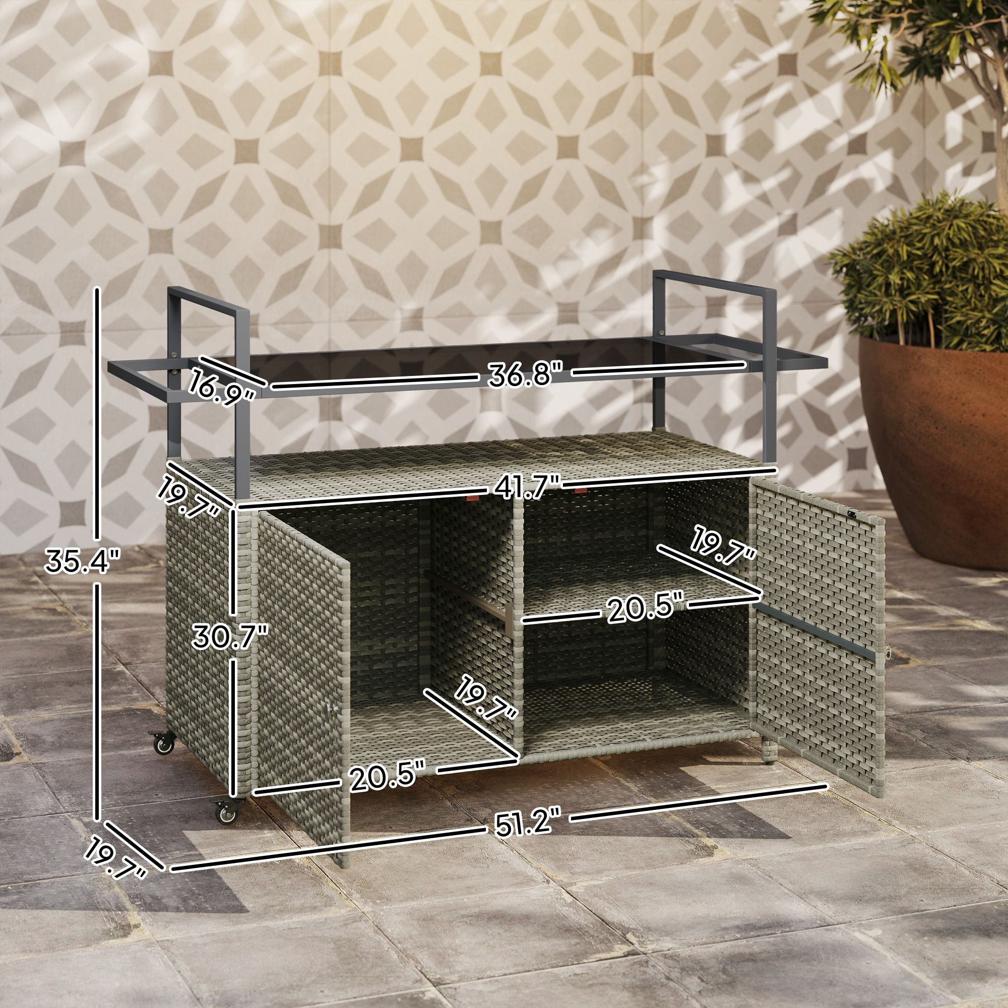 Outsunny 2 - Tier Shelf PE Rattan Outdoor Bar Table, Glass Top Outdoor Serving Cart with Cabinet, Mixed Gray - Comfortable Living Decor