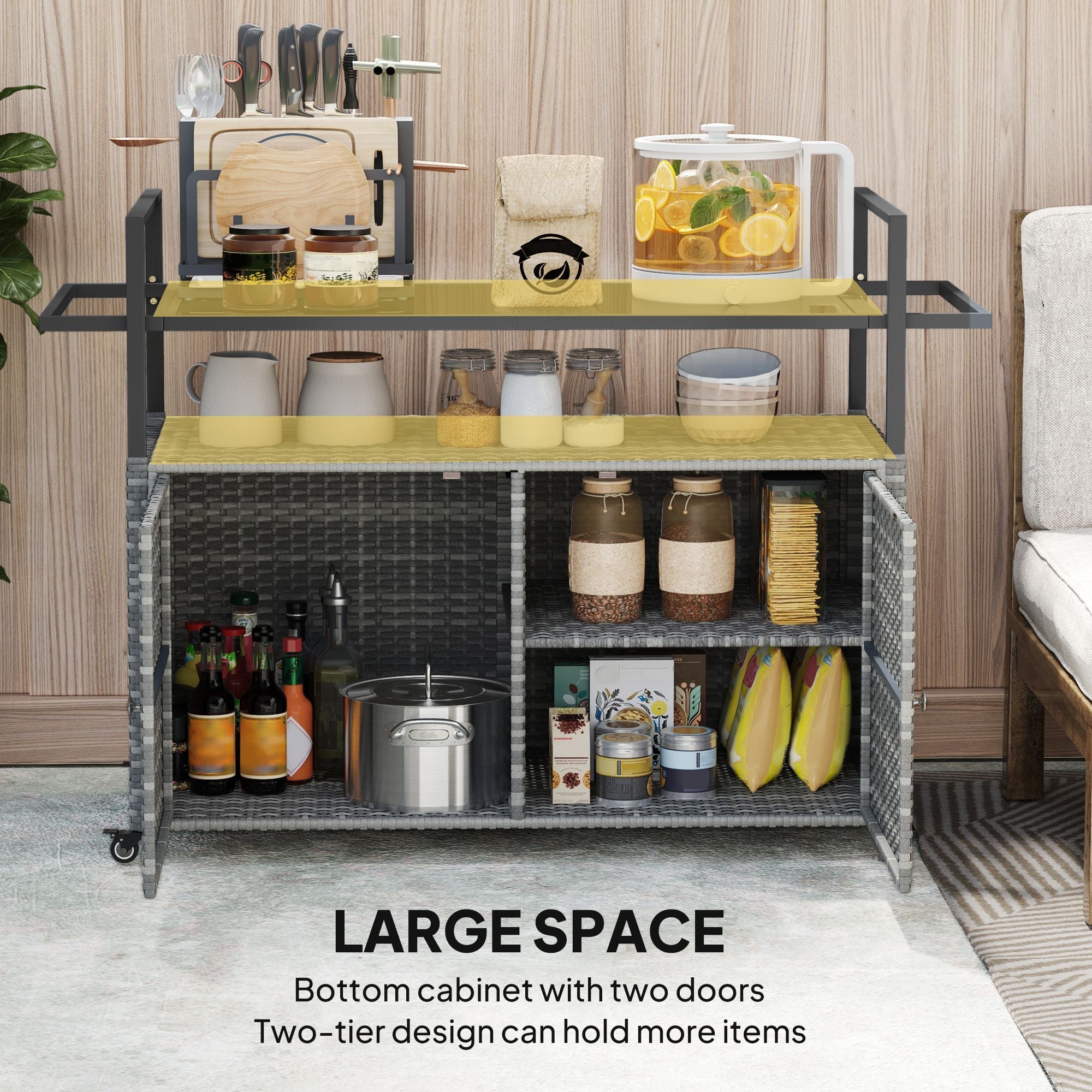 Outsunny 2 - Tier Shelf PE Rattan Outdoor Bar Table, Glass Top Outdoor Serving Cart with Cabinet, Mixed Gray - Comfortable Living Decor
