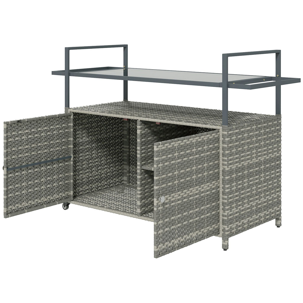 Outsunny 2 - Tier Shelf PE Rattan Outdoor Bar Table, Glass Top Outdoor Serving Cart with Cabinet, Mixed Gray - Comfortable Living Decor