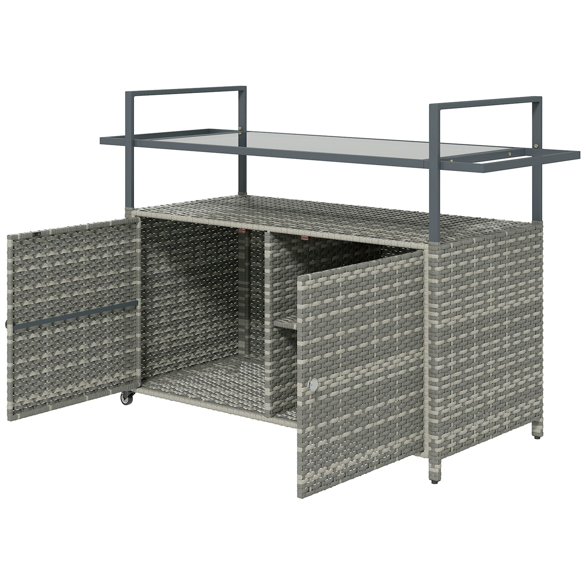 Outsunny 2 - Tier Shelf PE Rattan Outdoor Bar Table, Glass Top Outdoor Serving Cart with Cabinet, Mixed Gray - Comfortable Living Decor