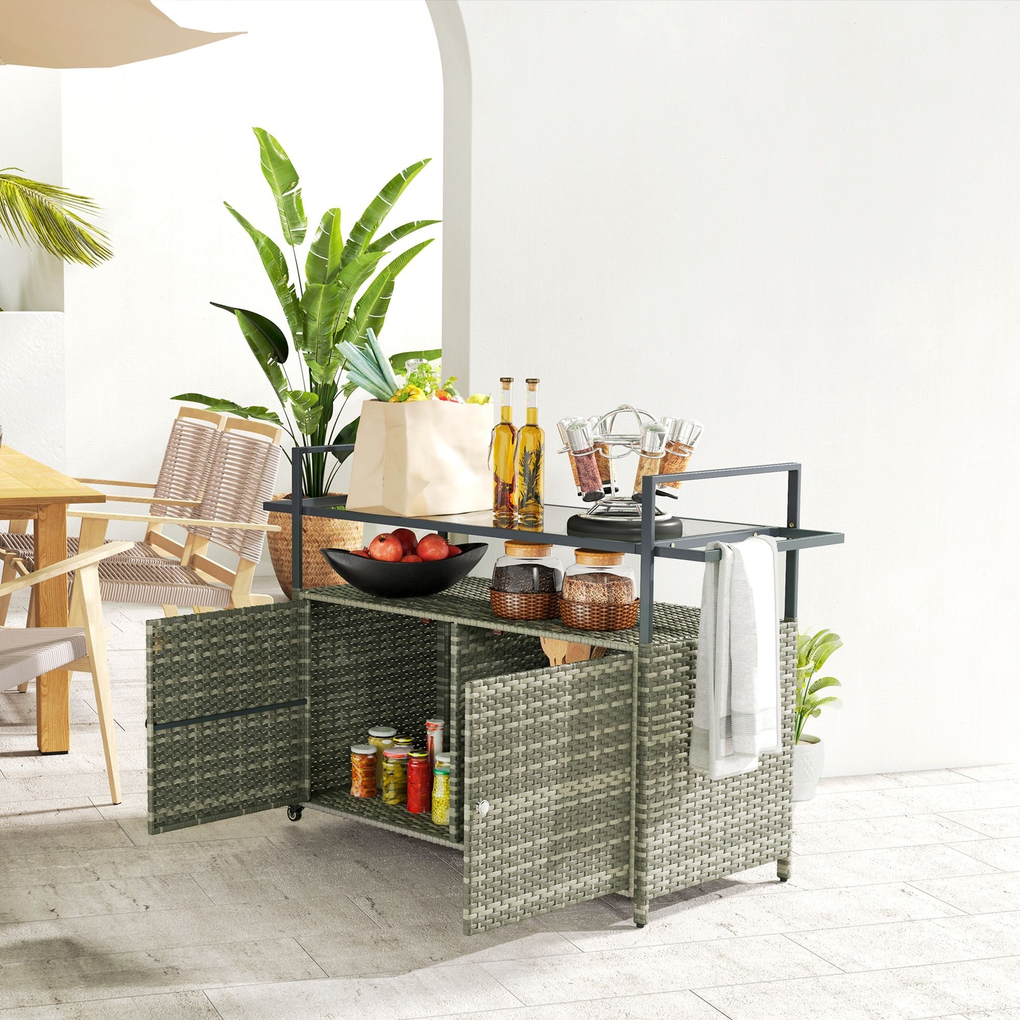 Outsunny 2 - Tier Shelf PE Rattan Outdoor Bar Table, Glass Top Outdoor Serving Cart with Cabinet, Mixed Gray - Comfortable Living Decor