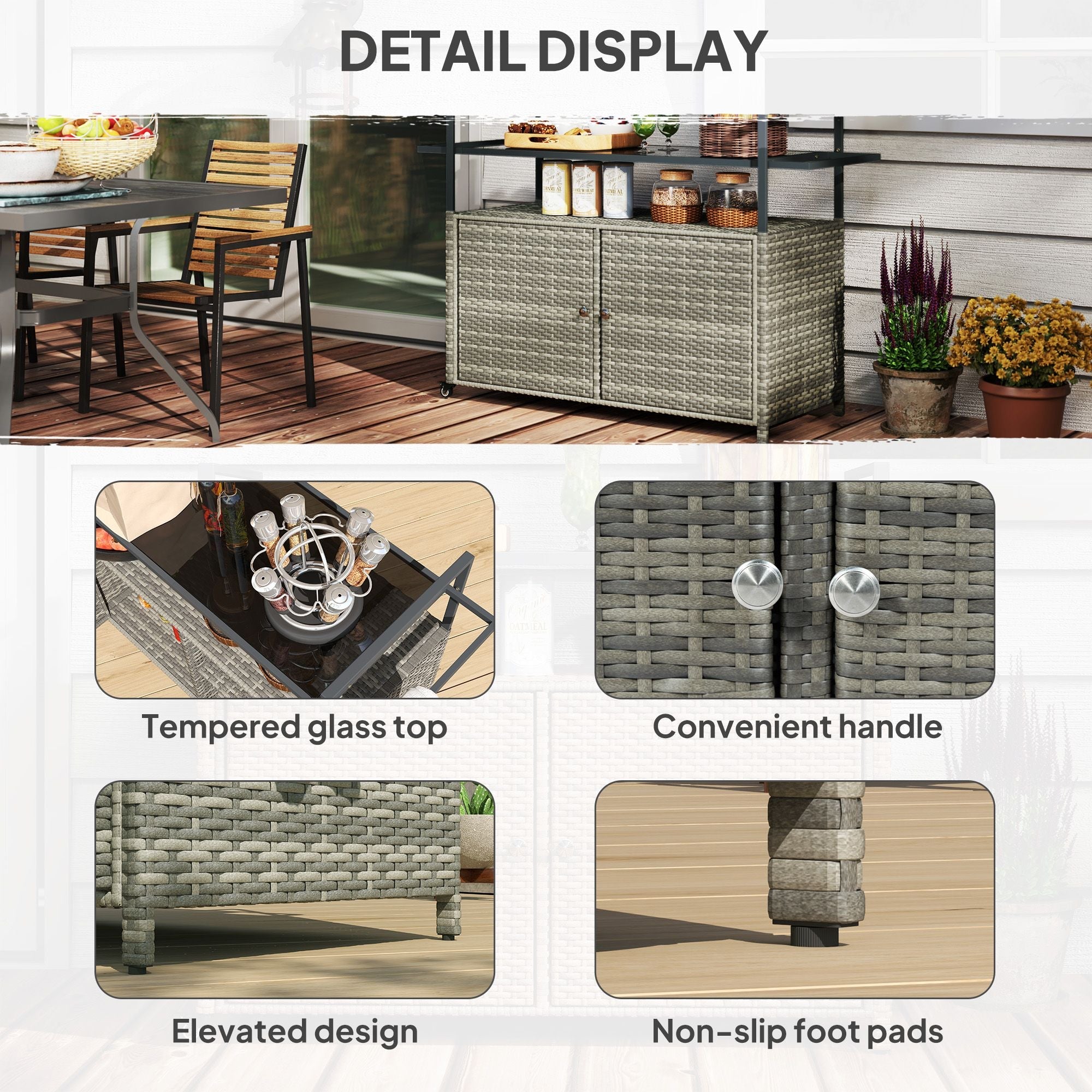 Outsunny 2 - Tier Shelf PE Rattan Outdoor Bar Table, Glass Top Outdoor Serving Cart with Cabinet, Mixed Gray - Comfortable Living Decor
