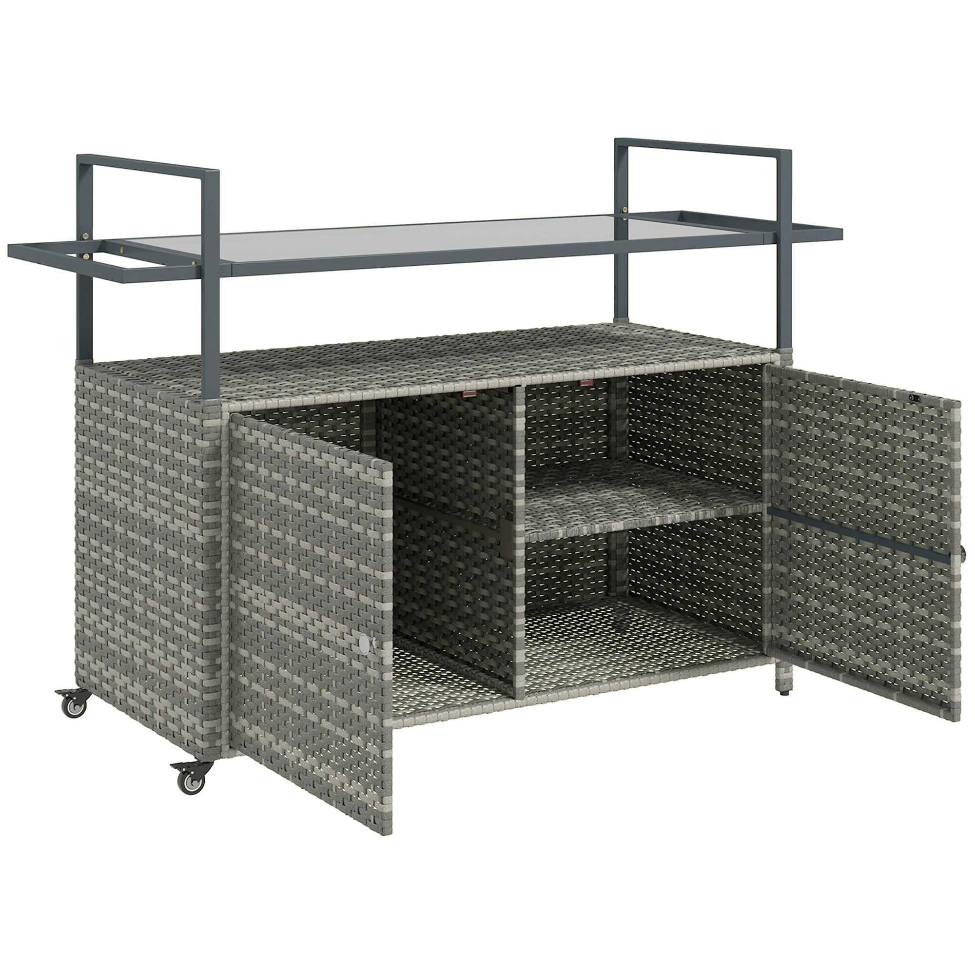 Outsunny 2 - Tier Shelf PE Rattan Outdoor Bar Table, Glass Top Outdoor Serving Cart with Cabinet, Mixed Gray - Comfortable Living Decor