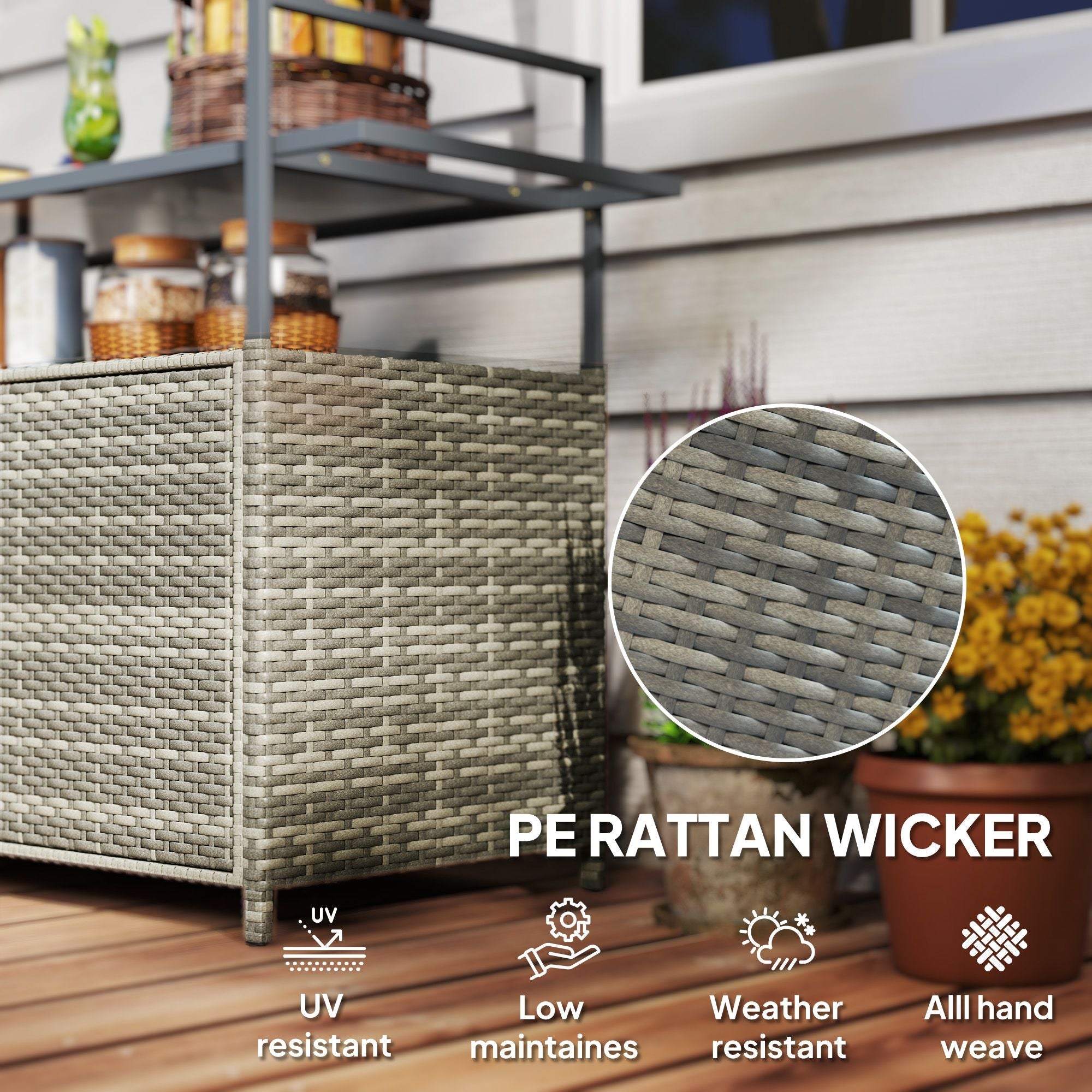Outsunny 2 - Tier Shelf PE Rattan Outdoor Bar Table, Glass Top Outdoor Serving Cart with Cabinet, Mixed Gray - Comfortable Living Decor