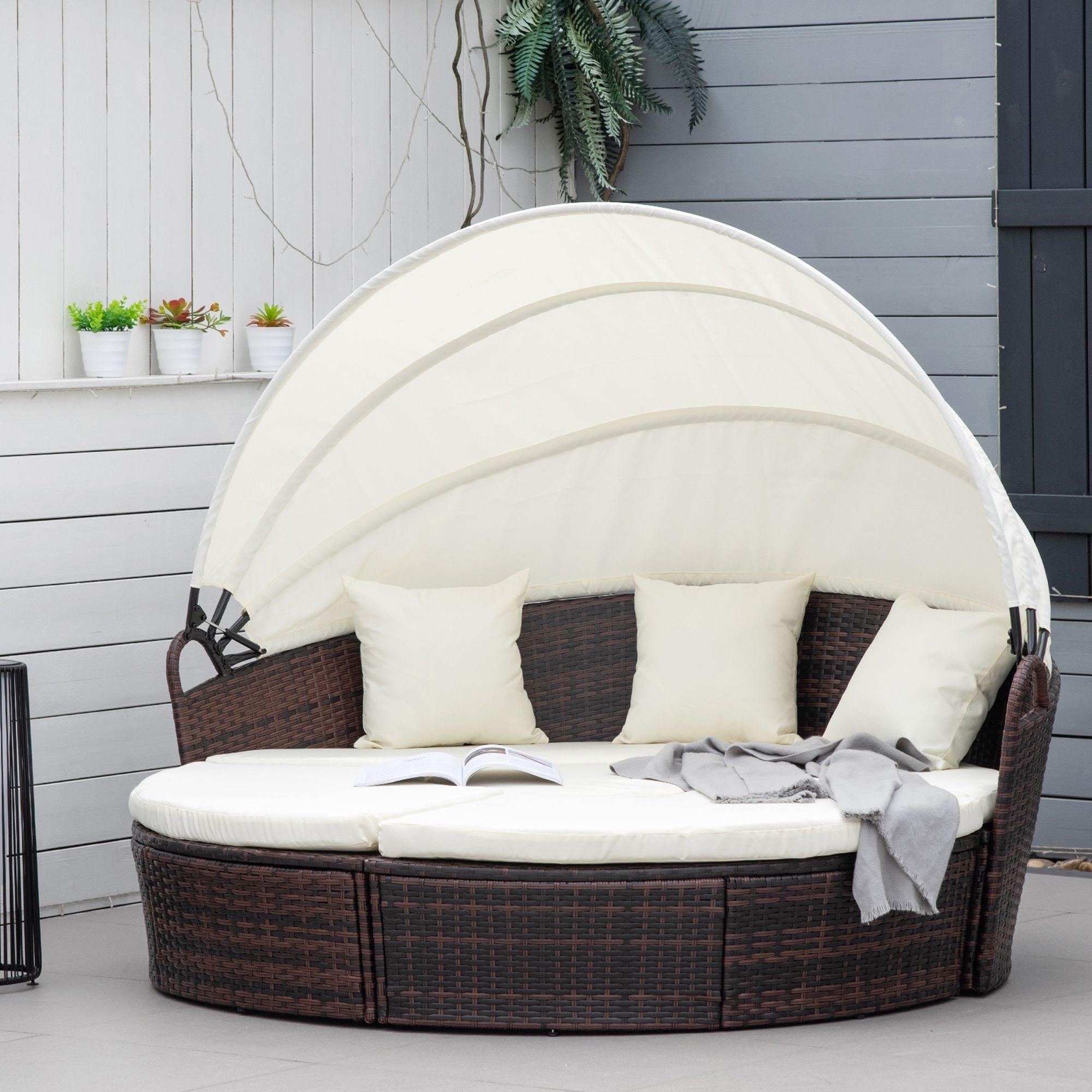 Outsunny Backyard Woven Rattan 4pc Canopied Daybed Sun Lounger Sofa Setting Plush Pillows - Comfortable Living Decor