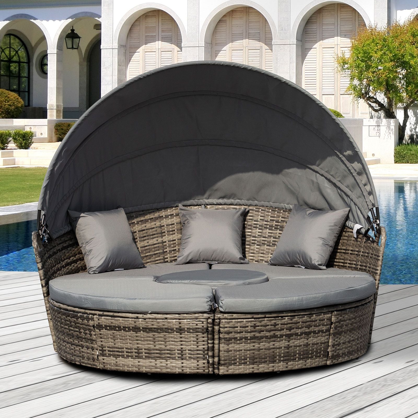 Outsunny Convertible Oasis: 4PC Rattan Patio Set with Adjustable Canopy Daybed & Sectional Sofa - Comfortable Living Decor