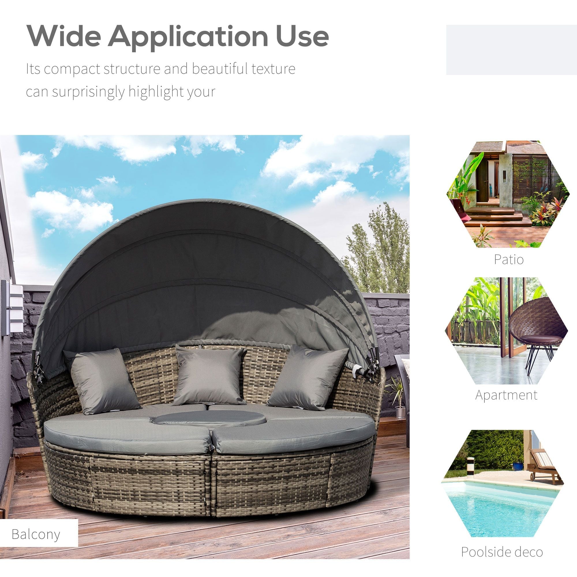 Outsunny Convertible Oasis: 4PC Rattan Patio Set with Adjustable Canopy Daybed & Sectional Sofa - Comfortable Living Decor
