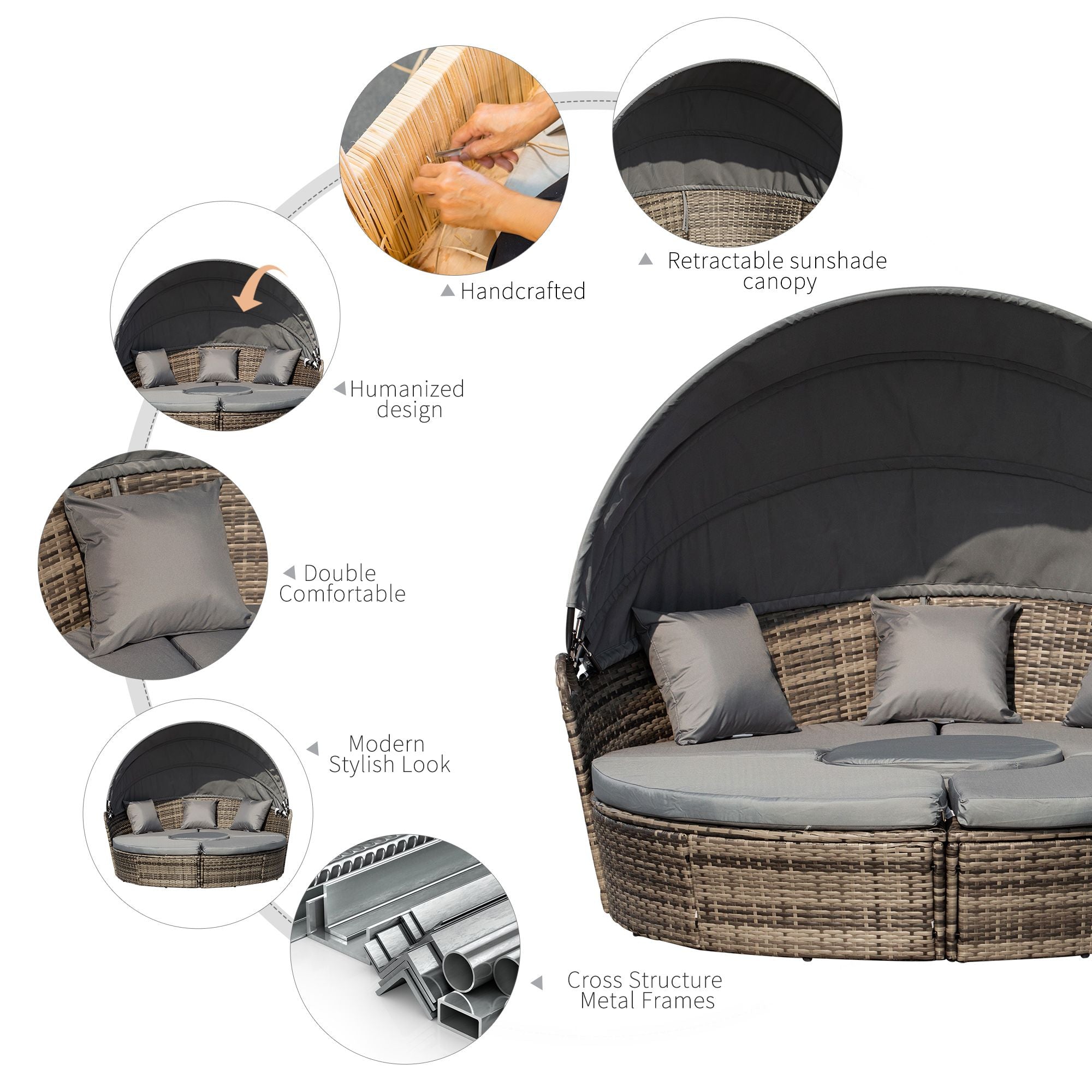 Outsunny Convertible Oasis: 4PC Rattan Patio Set with Adjustable Canopy Daybed & Sectional Sofa - Comfortable Living Decor
