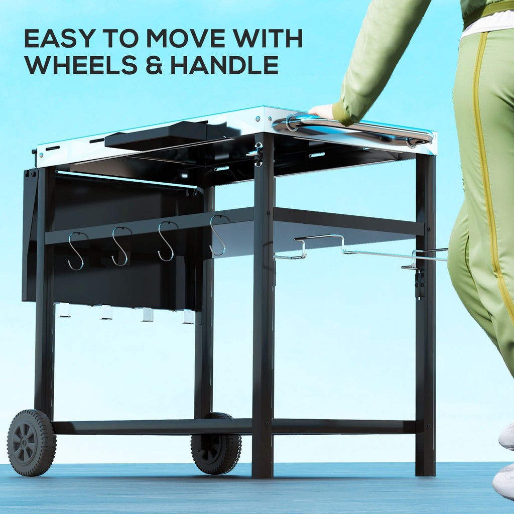 Outsunny Outdoor Bar Cart Grill Table with Stainless Steel Tabletop, Wheeled Outdoor Serving Cart Prep Table with Storage, Hooks - Comfortable Living Decor