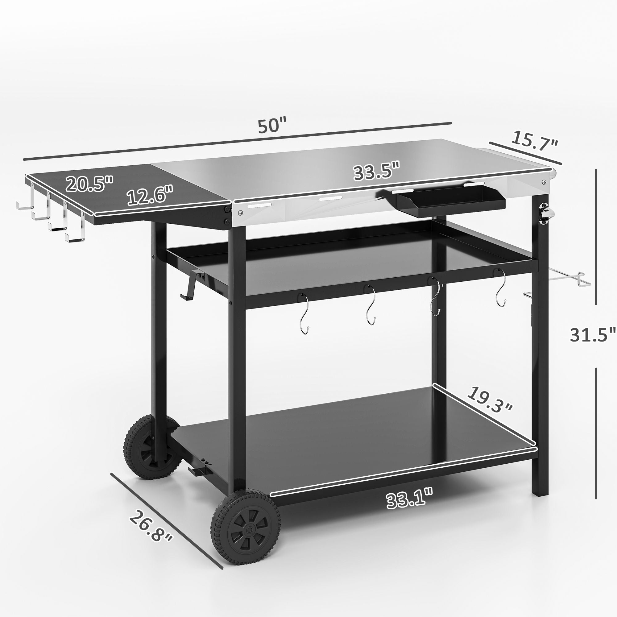 Outsunny Outdoor Bar Cart Grill Table with Stainless Steel Tabletop, Wheeled Outdoor Serving Cart Prep Table with Storage, Hooks - Comfortable Living Decor