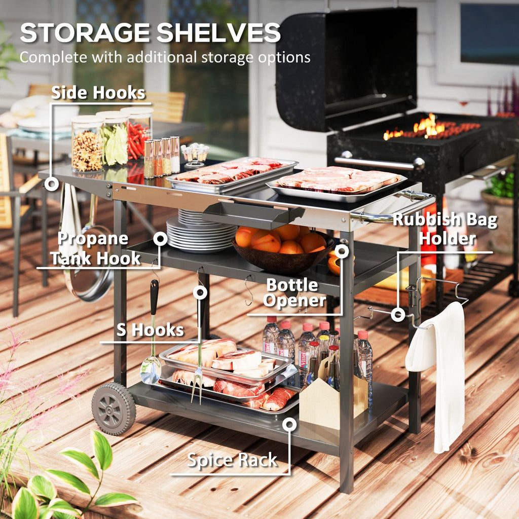 Outsunny Outdoor Bar Cart Grill Table with Stainless Steel Tabletop, Wheeled Outdoor Serving Cart Prep Table with Storage, Hooks - Comfortable Living Decor