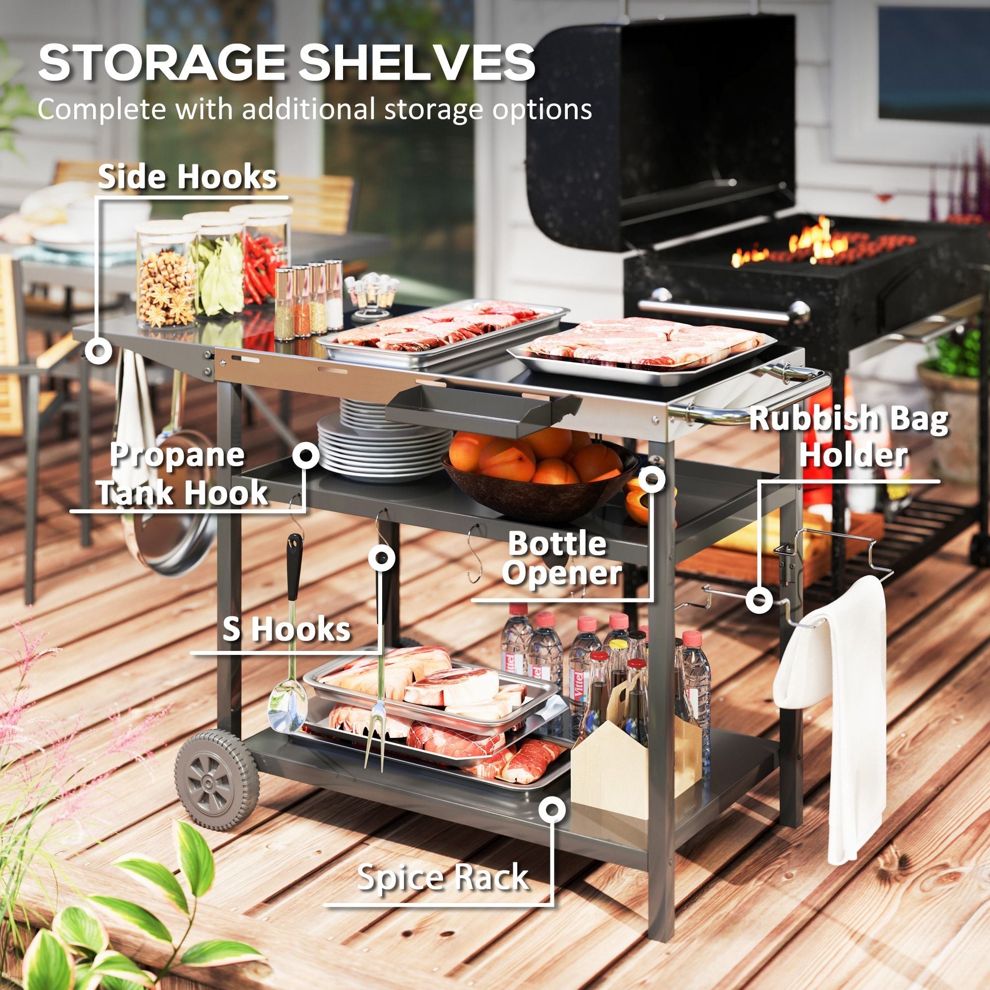 Outsunny Outdoor Bar Cart Grill Table with Stainless Steel Tabletop, Wheeled Outdoor Serving Cart Prep Table with Storage, Hooks - Comfortable Living Decor