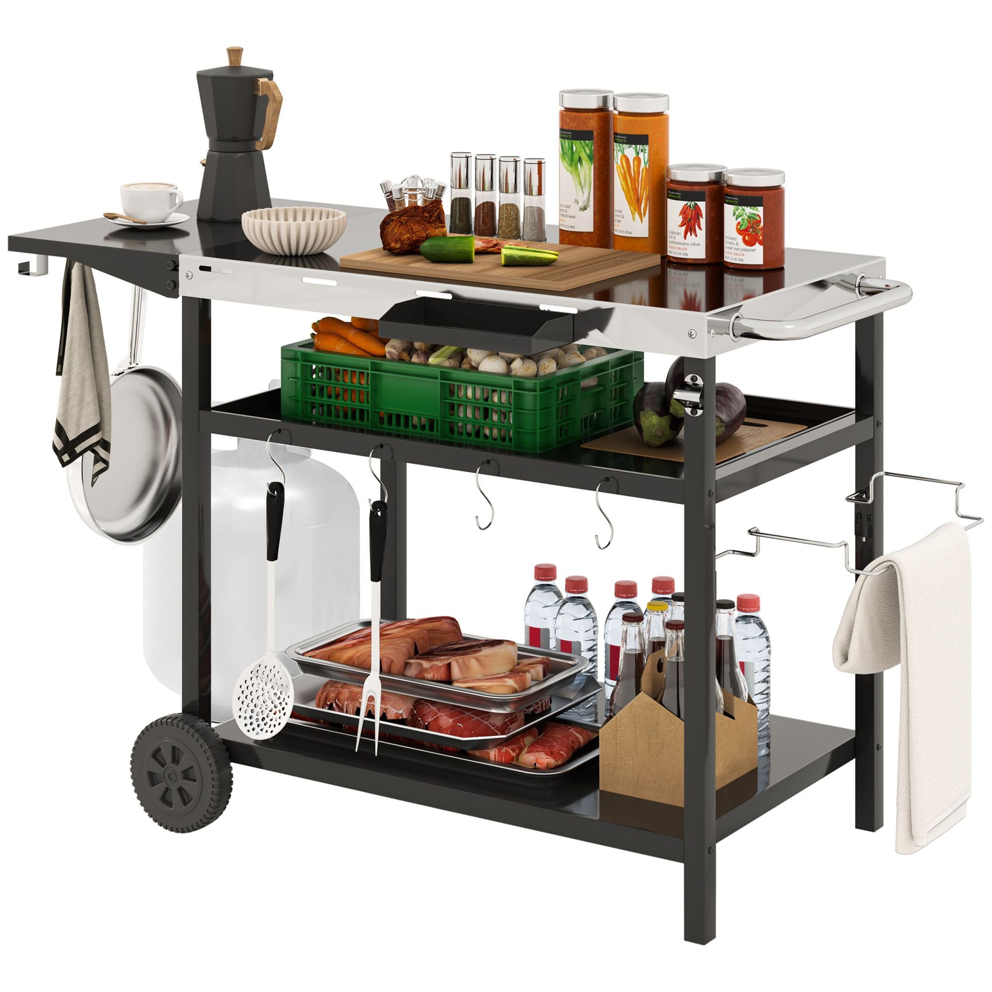 Outsunny Outdoor Bar Cart Grill Table with Stainless Steel Tabletop, Wheeled Outdoor Serving Cart Prep Table with Storage, Hooks - Comfortable Living Decor