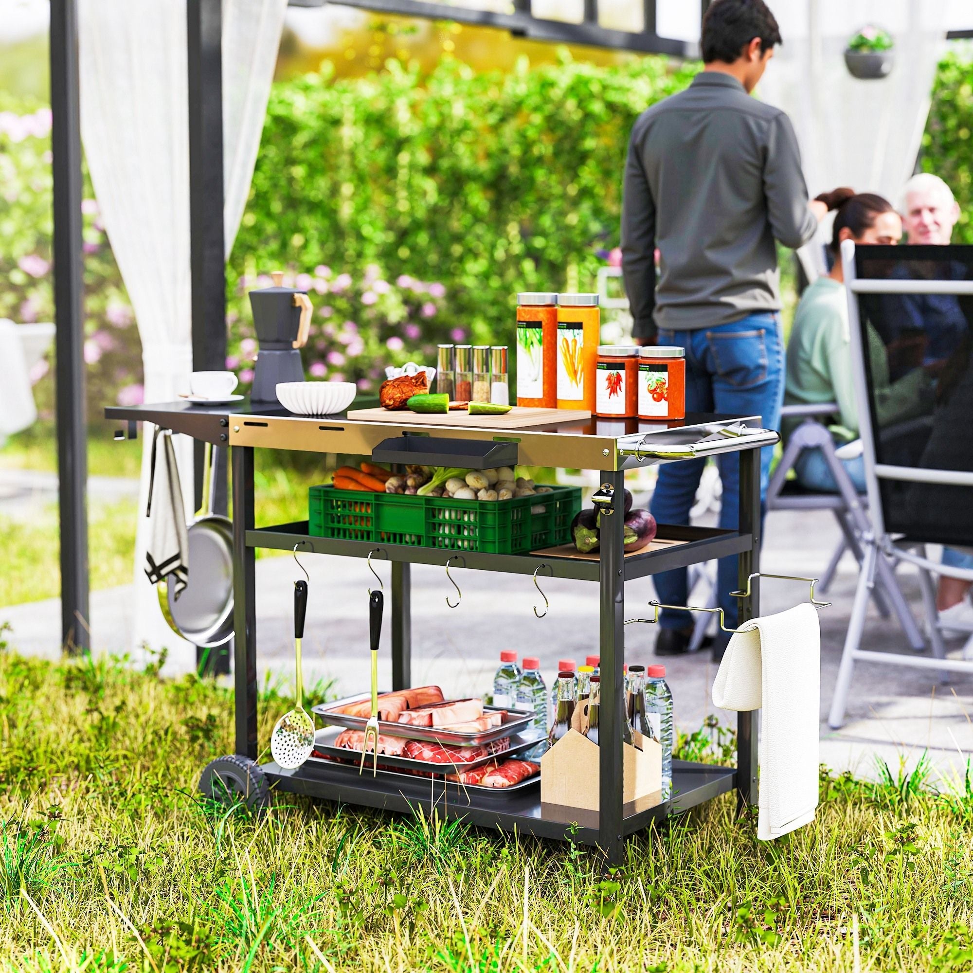 Outsunny Outdoor Bar Cart Grill Table with Stainless Steel Tabletop, Wheeled Outdoor Serving Cart Prep Table with Storage, Hooks - Comfortable Living Decor