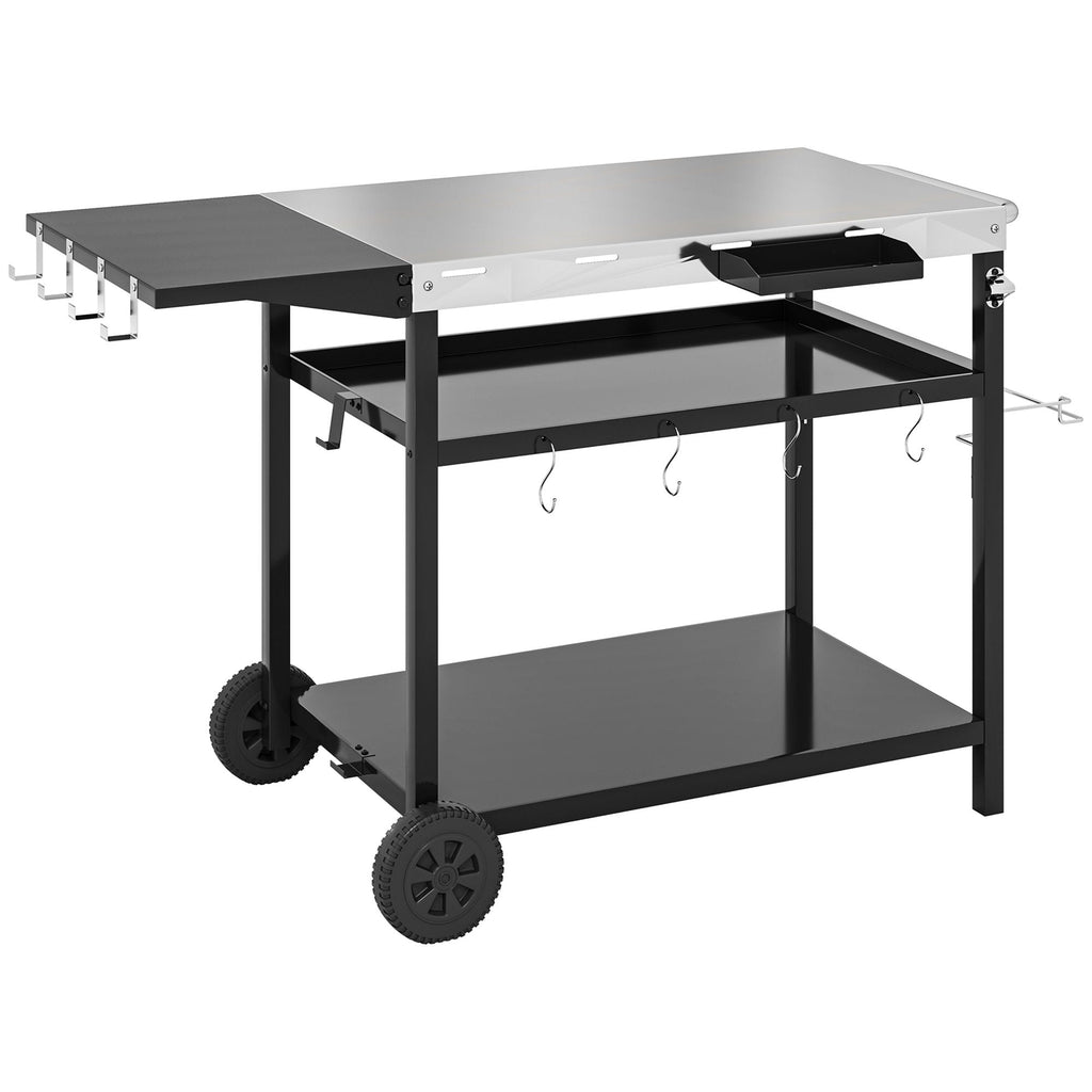 Outsunny Outdoor Bar Cart Grill Table with Stainless Steel Tabletop, Wheeled Outdoor Serving Cart Prep Table with Storage, Hooks - Comfortable Living Decor