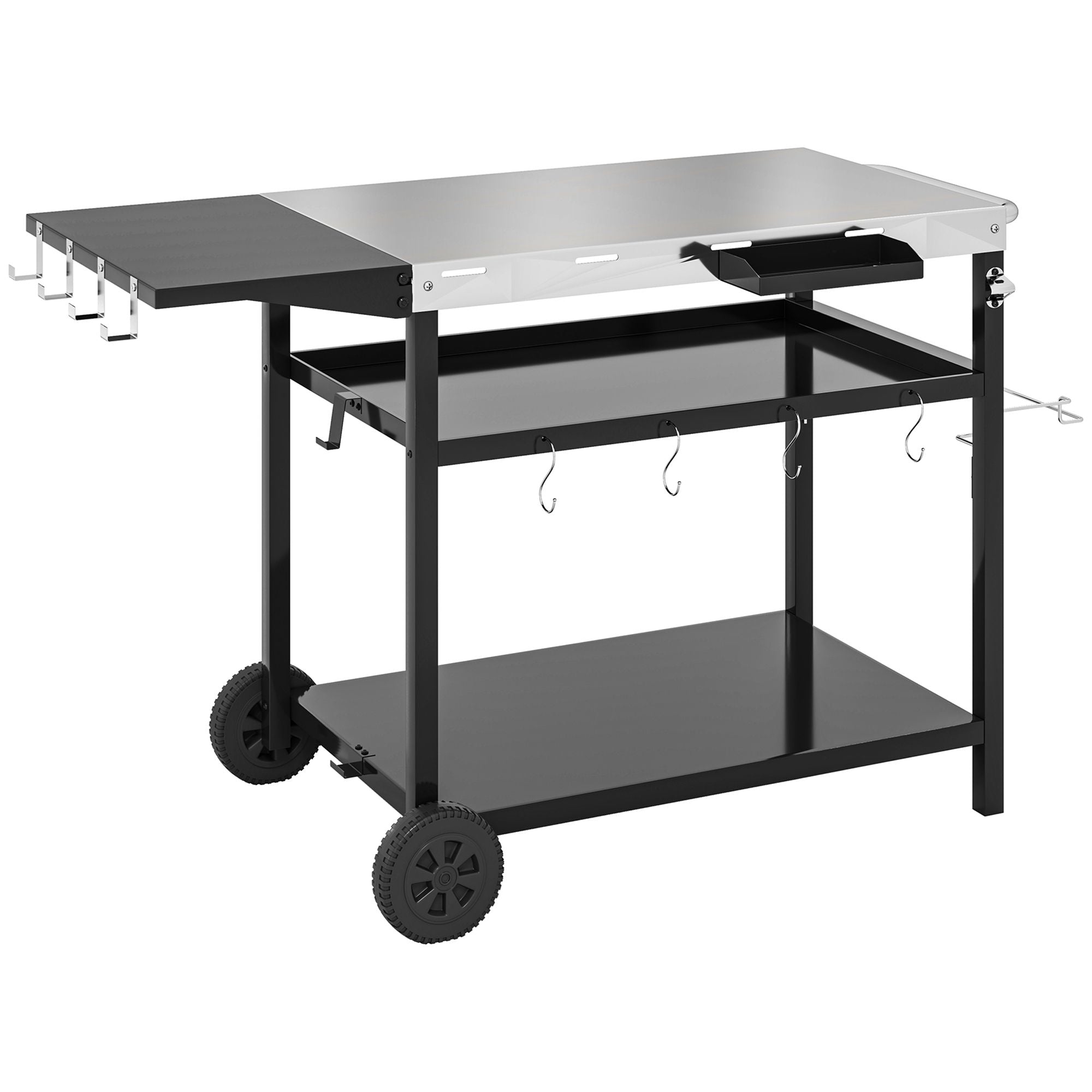 Outsunny Outdoor Bar Cart Grill Table with Stainless Steel Tabletop, Wheeled Outdoor Serving Cart Prep Table with Storage, Hooks - Comfortable Living Decor